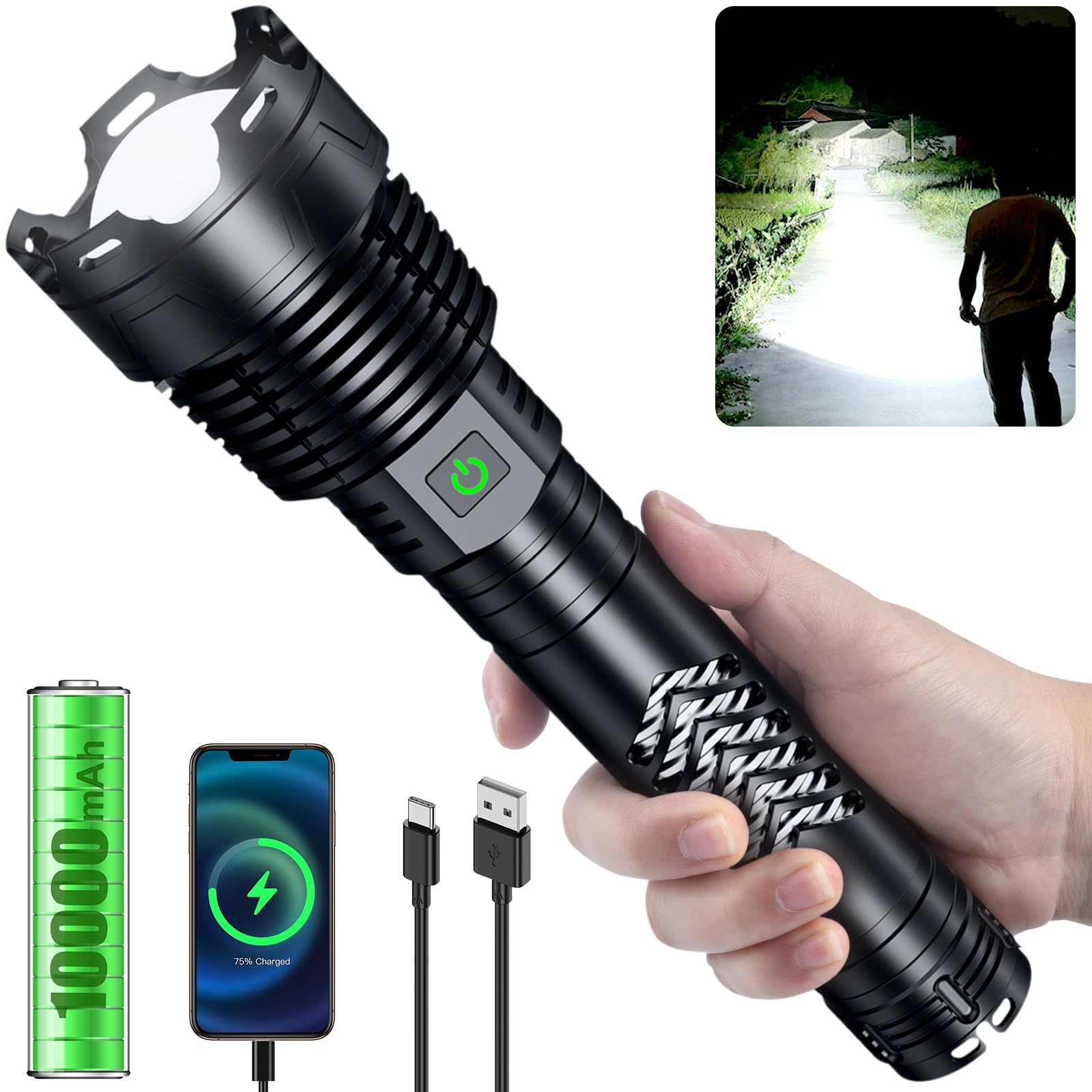 Grentay Rechargeable LED Flashlights 3600,000 High Lumens, Super Bright Flashlight with Input and Output Functions, Tactical Flashlight for Camping
