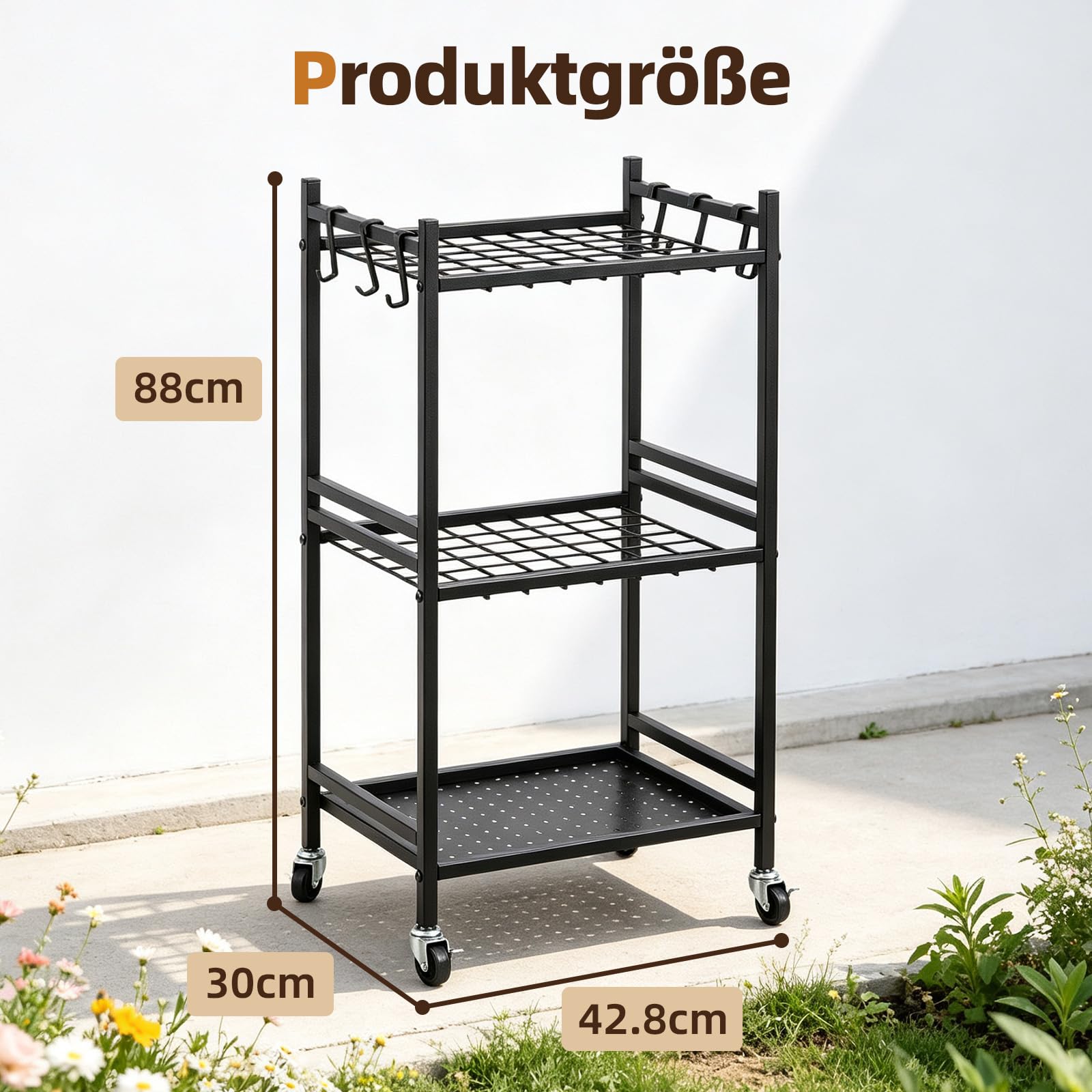 Gartenwerkzeughalter Freistehend mit Rollen, Werkzeug Organizer für Garage und Gartenhaus, Besenhalter aus Metall mit Haken