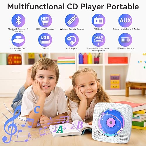 Miniatura 2 de Reproductor de CD portátil Bluetooth recargable Reproductores de CD para el hogar con 1800mAh Kegaudio Desktop Wall CD Player con altavoces, radio