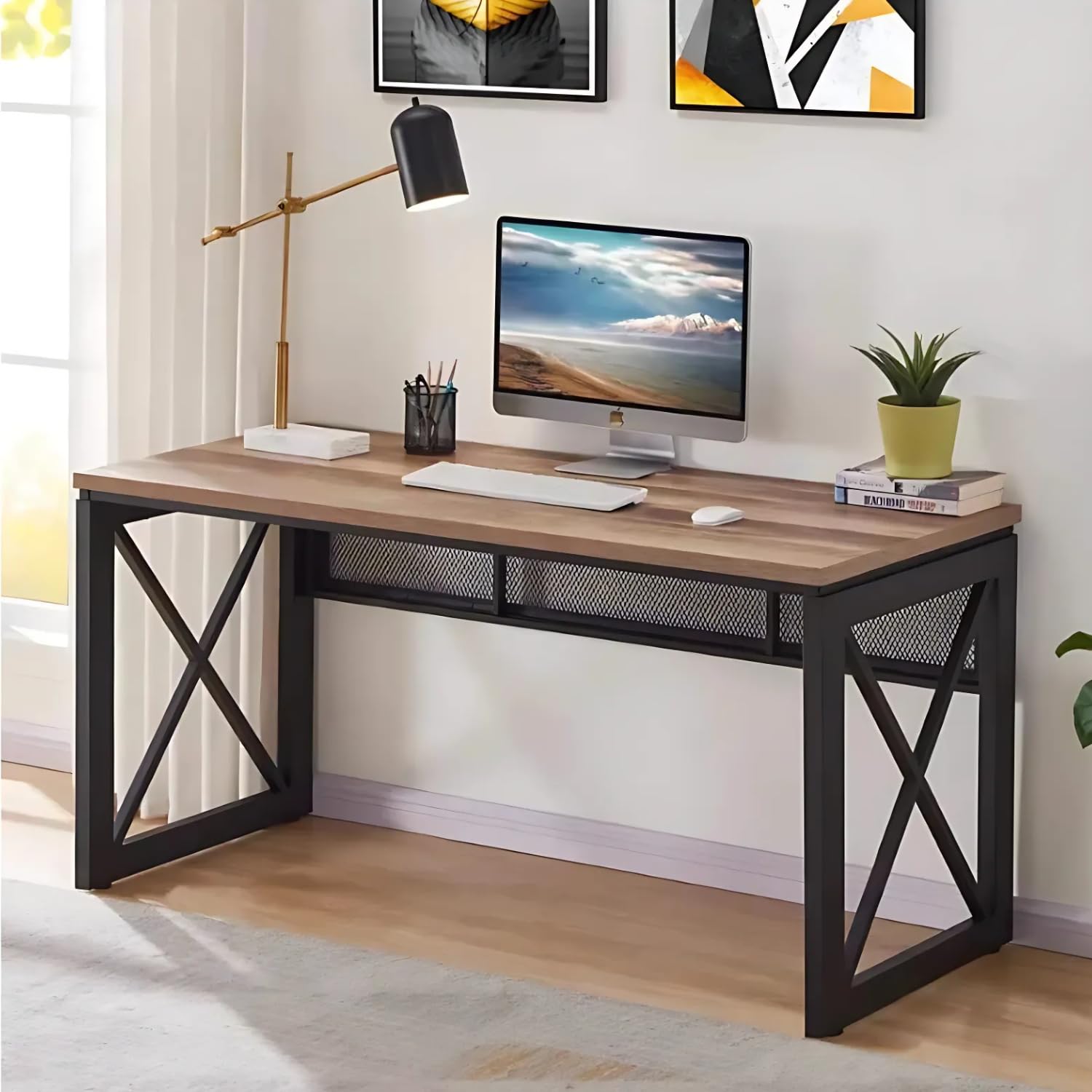 TEKAVO Perfona Work Table for Home Office | Gaming Table with Mesh Front | Computer Table for Office Work | 150 cm Long Wooden Desk with Brown Color