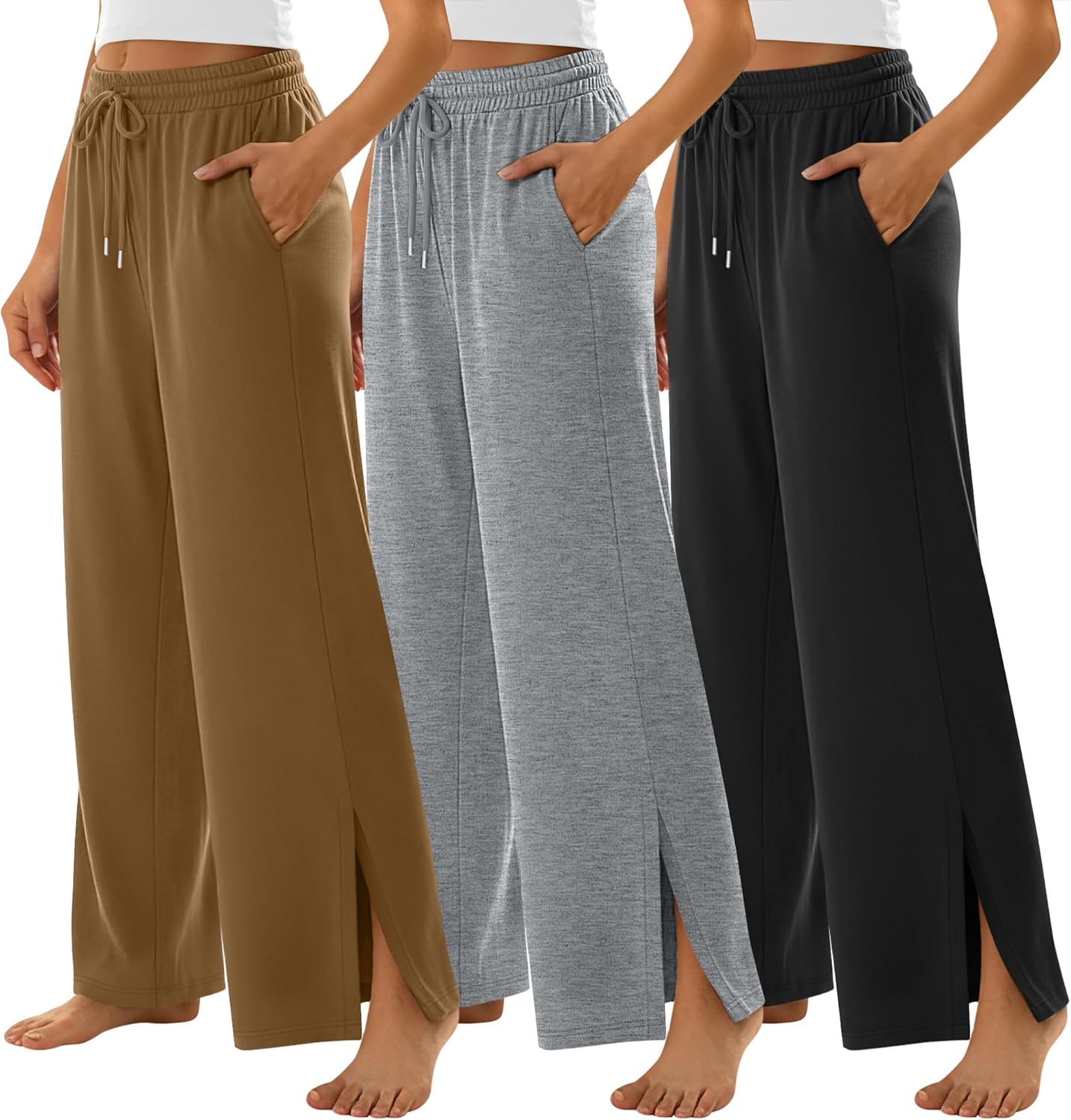 3 Pack Women's Wide Leg Sweatpants Split Hem Lounge Pants Casual Baggy High Waisted Drawstring Sweatpant with Pocket