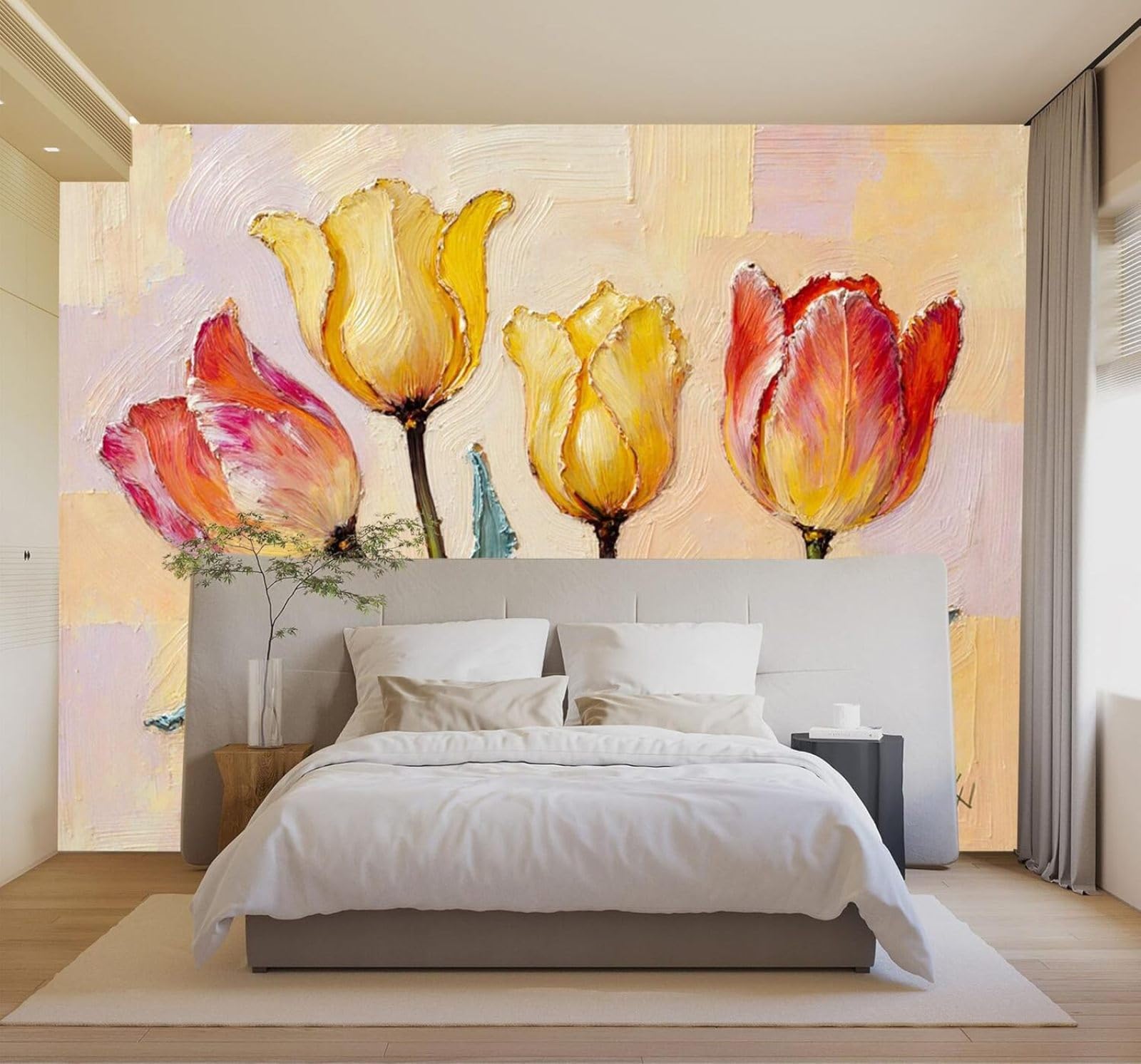 XLMING Hand Painted Beautiful Watercolour Tulips Art 3D Wallpaper Premium Textured Silk Study Dining Living Room Bedroom Sofa TV Wall Easy Install-350cm×256cm