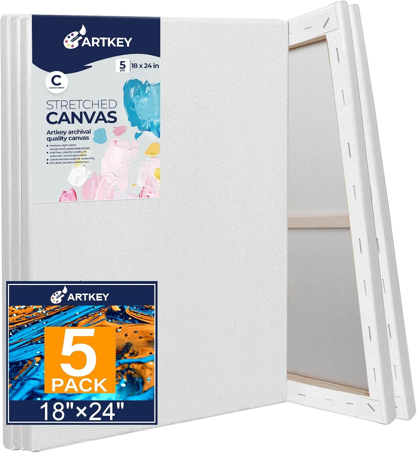Stretched Canvases for Painting 18x24 Inch 5-Pack, 10 oz Triple Primed Acid-Free 100% Cotton Blank Canvas, Rectangular Canvas for Oil Paint Acrylics Pouring & Wet Art Media, Pour Painting 18"X24"