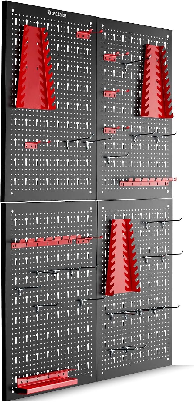 tectake® Pannello forato portautensili, 4 ripiani, Metallo, 160 x 60 cm | Set 34 ganci e supporti, espandibile, montaggio semplice, 4 kg portata per pezzo, acciaio verniciato, nero/rosso
