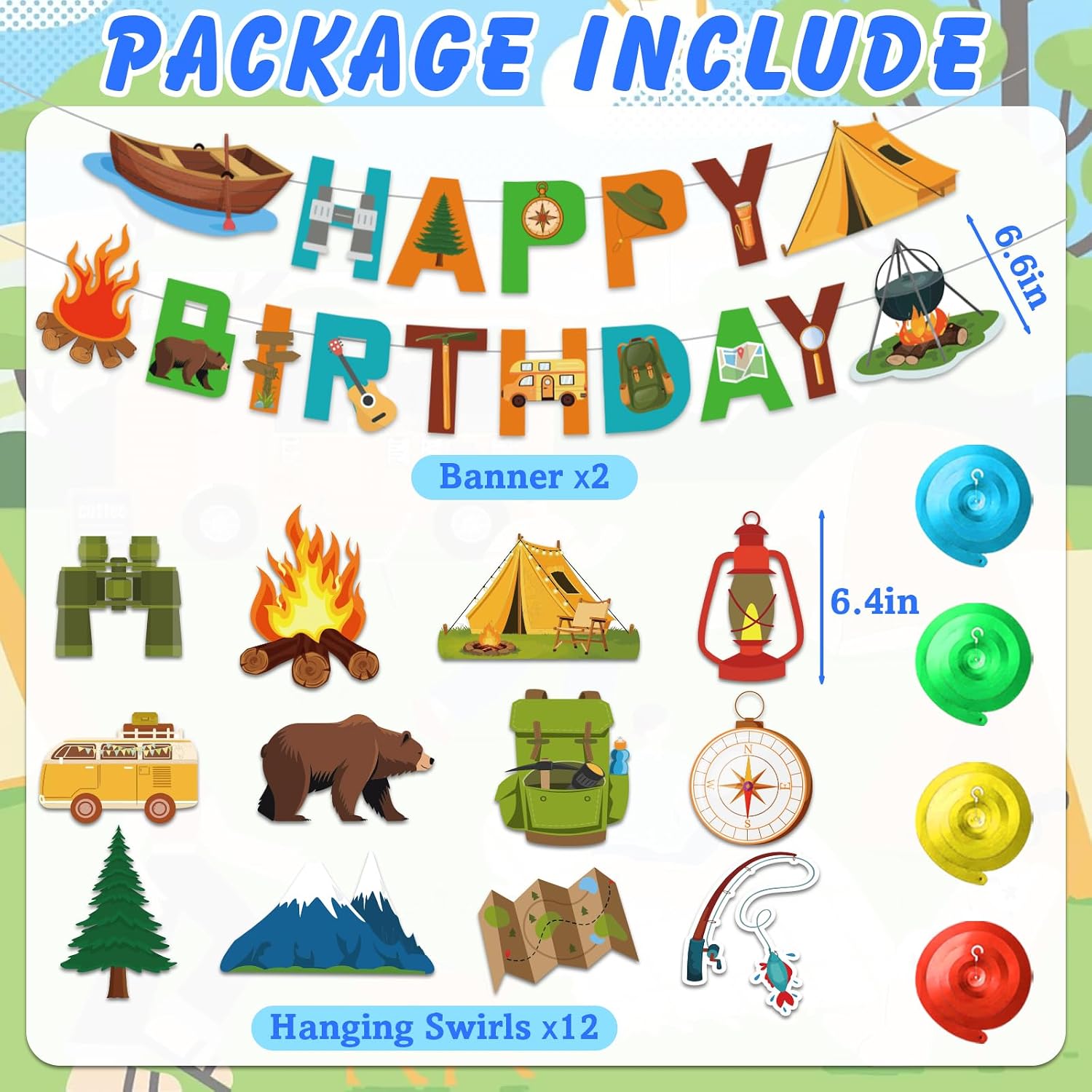 25Pcs Camping Birthday Party Decorations, Camping Party Decorations with Camping Happy Birthday Banner Hanging Swirls Camping Decorations for Camping Adventure Summer Camp Themed Party Decorations