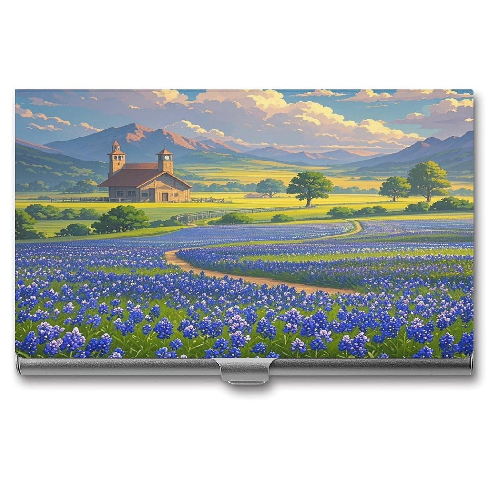 FekiLoot Texas Bluebonnets Scenery Business Card Holder for Men Women Metal Slim Organizer Business Card Carrier Wallet Name Cards Holder Retro Slim Pocket Purse Small Portable Card Case