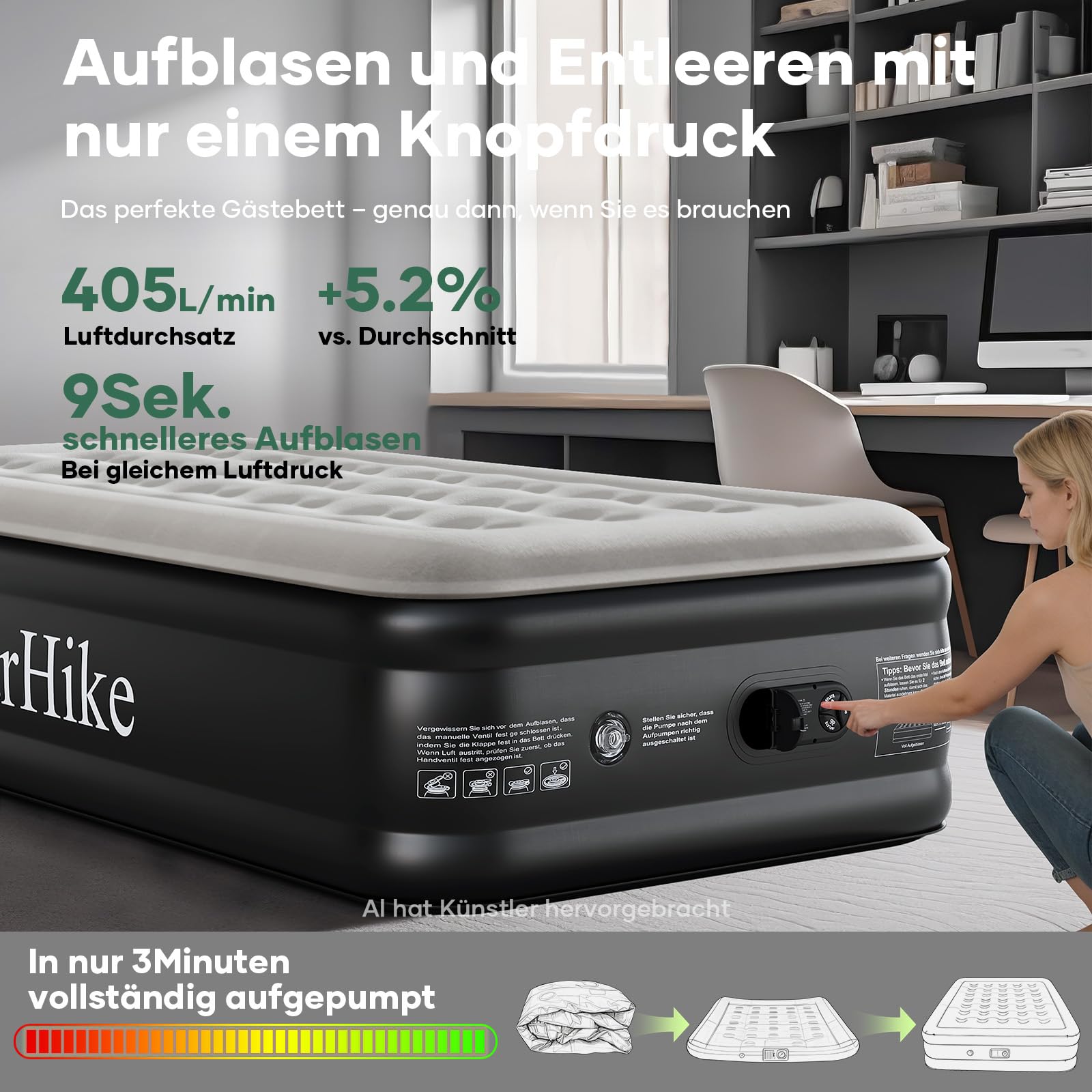 OlarHike Luftmatratze selbstaufblasend 90x200x46 cm Luftbett 1 Person | Gästebett mit Pumpe für Camping, Studentenwohnung und Zuhause. Wasserfestes PVC, weiches Flockbett, bis 150 kg belastbar