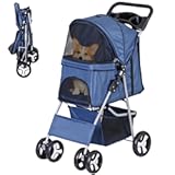 ZENY Foldable Pet Stroller, Cat/Dog Stroller with 4 Wheel, Pet Travel Carrier Strolling Cart with Storage Basket, Cup Holder (Navy Blue)