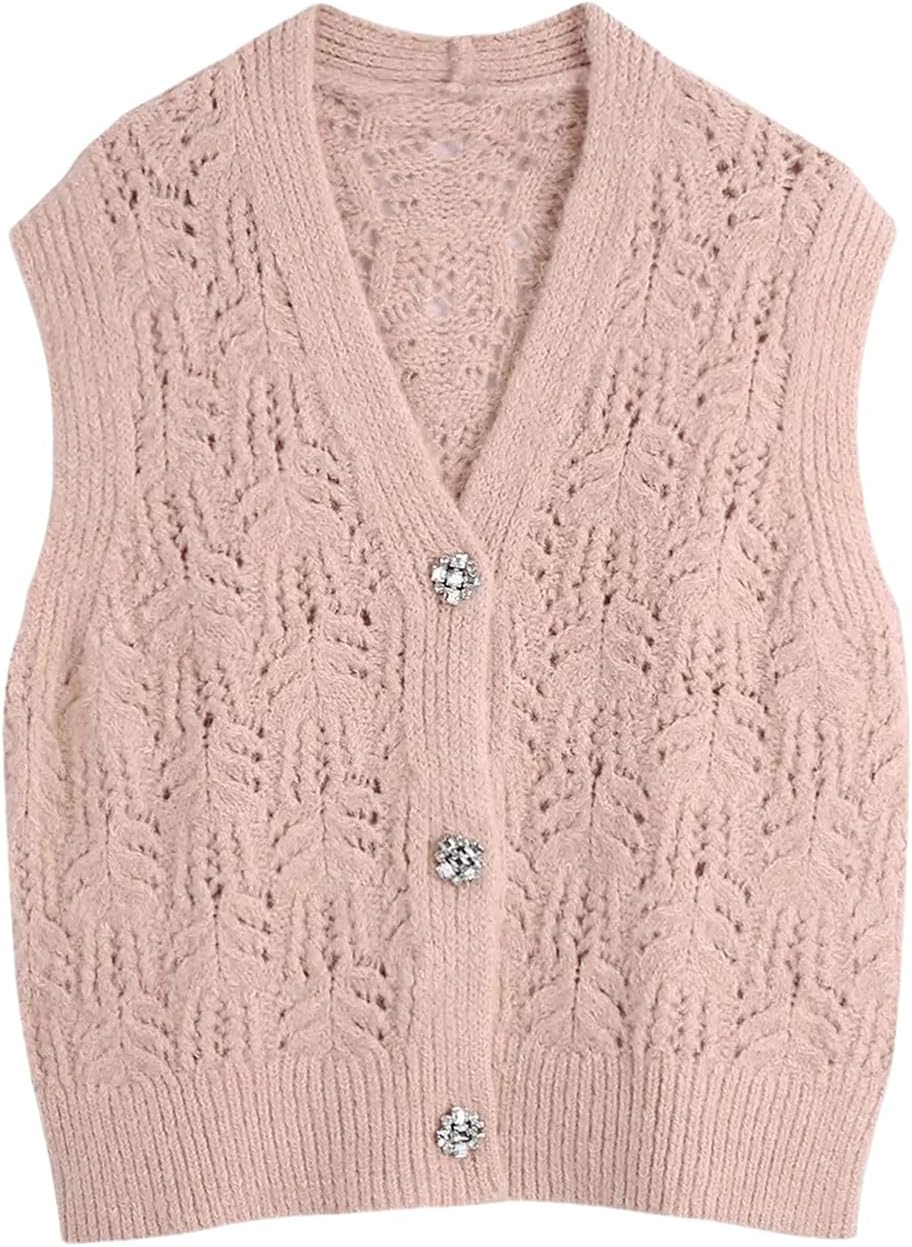 Women Hollow Out Crochet Knitting Sweater Vest Ladies V Neck Sleeveless Diamond Button Cardigans Vest Tops