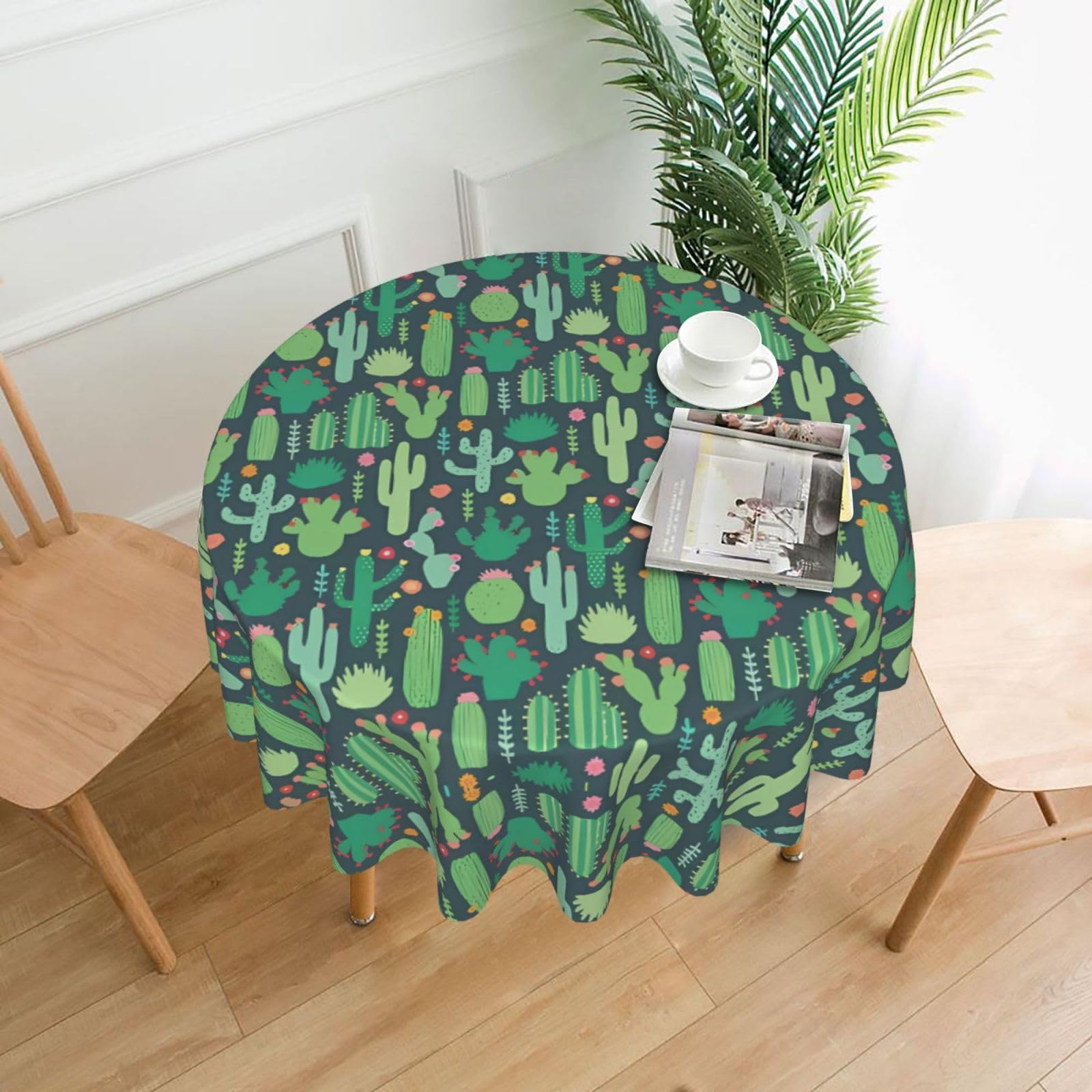 WHJSHOP Cute Cactus Seamless Illustration Prints Round Decorative Throw – 60in Stylish Table Cover for Dining, Parties & Outdoor Events
