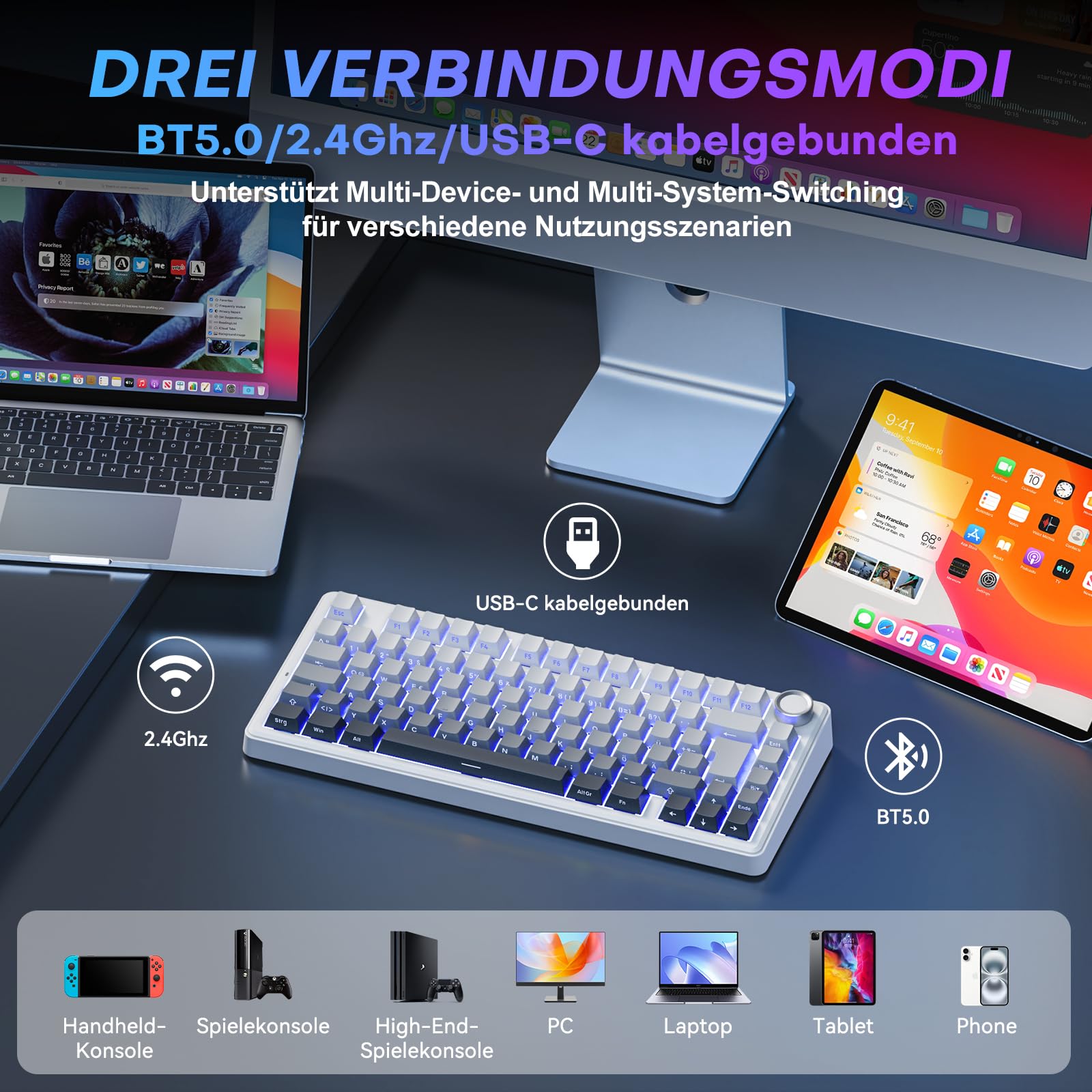 TECURS Klawiatura gamingowa mechaniczna ISO-DE | 75% Hot-Swap Sideprinte klawiatura bezprzewodowa czerwona oś Gasket Mount, PBT, RGB, Creamy MK209 Keyboard (2,4 G/BT/typ C) QWERTZ – dla graczy Setup