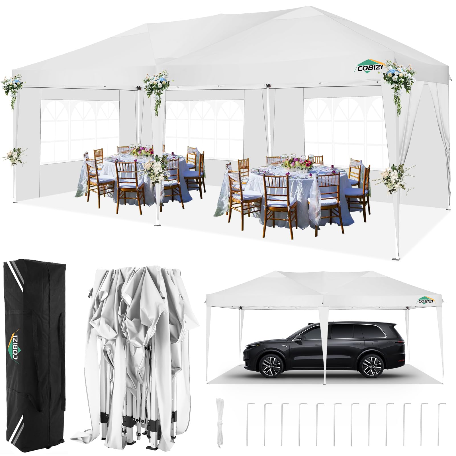 COBIZI Canopy 10x20 Pop Up Canopy with 6 Sidewalls, Waterproof Canopy Outdoor Event Shelter Sun Shade Portable Tents for Parties Beach Camping Commercial Instant Canopy,White