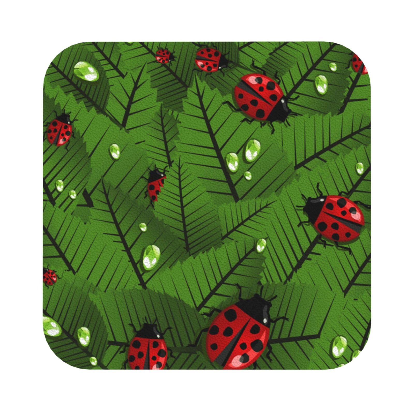 Leaves and Ladybugs PU Leather Coasters Set of 6 Square Drink Coasters