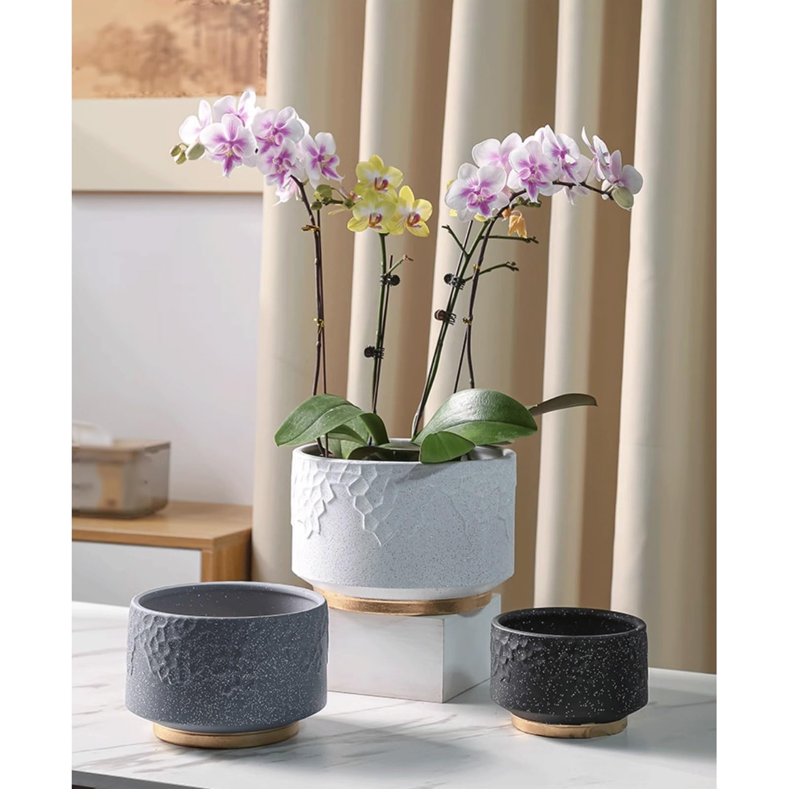 Dekoracyjna ceramiczna doniczka na kwiaty, nowoczesna glazurowana doniczka z otworem drenażowym i spodkiem, nordycka prosta donica na sukulenty, storczyki, zioła, kaktusy, patio (czarna, L)