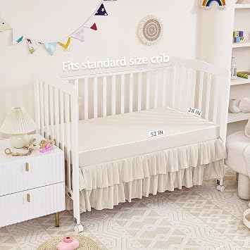 3-Piece Tufted Ruffle Crib Bedding Set for Girls Boys - Soft Cute Nursery Bedding Set Includes Boho Crib Comforter, Crib Sheet, and Crib Skirt (Beige)