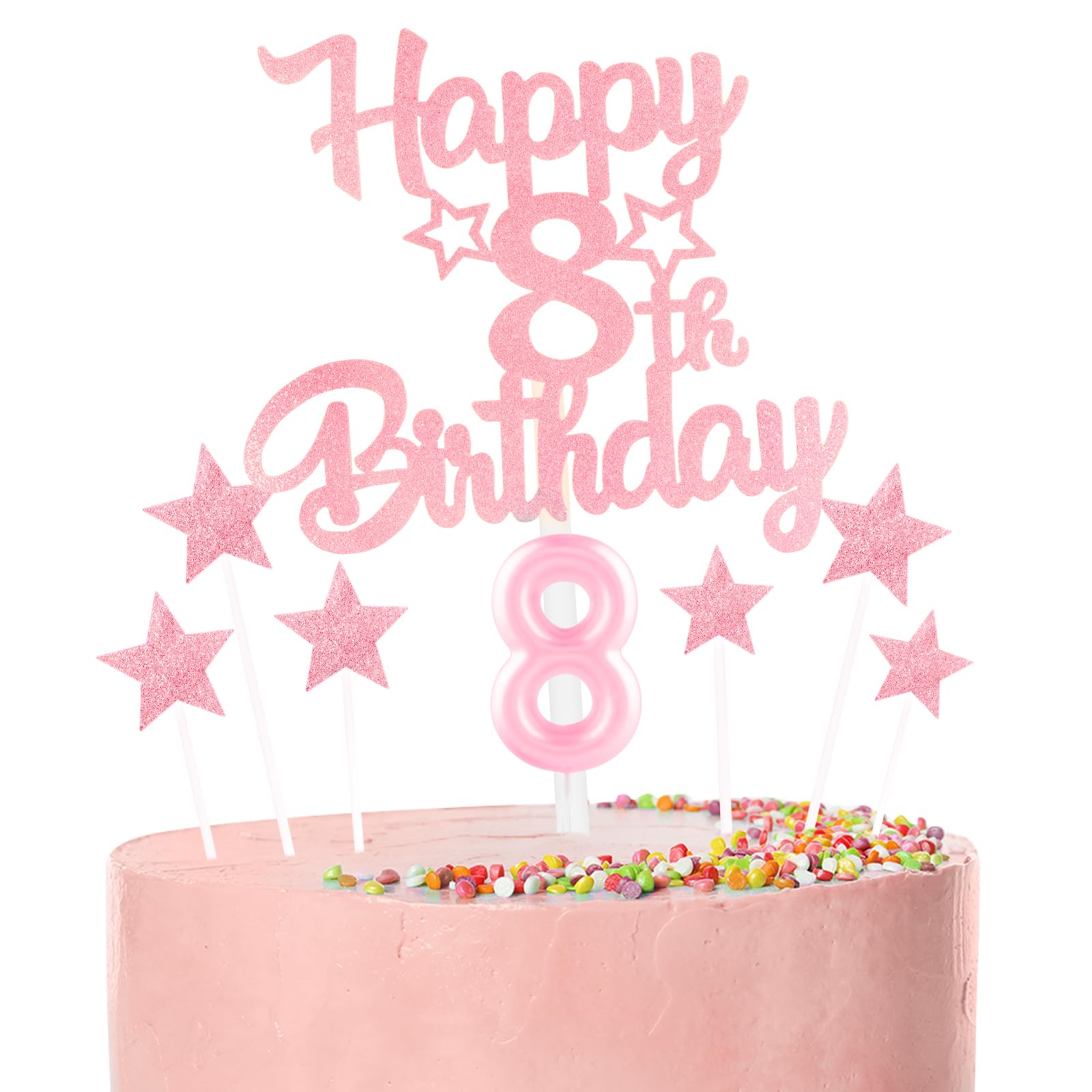 Pink Happy 8th Birthday Candles Cake Topper Set,Glitter Number 8 Birthday Candles with Pink 8th Birthday Cake Toppers Star Cupcake Toppers for Girls Anniversary Decorations โ image 1