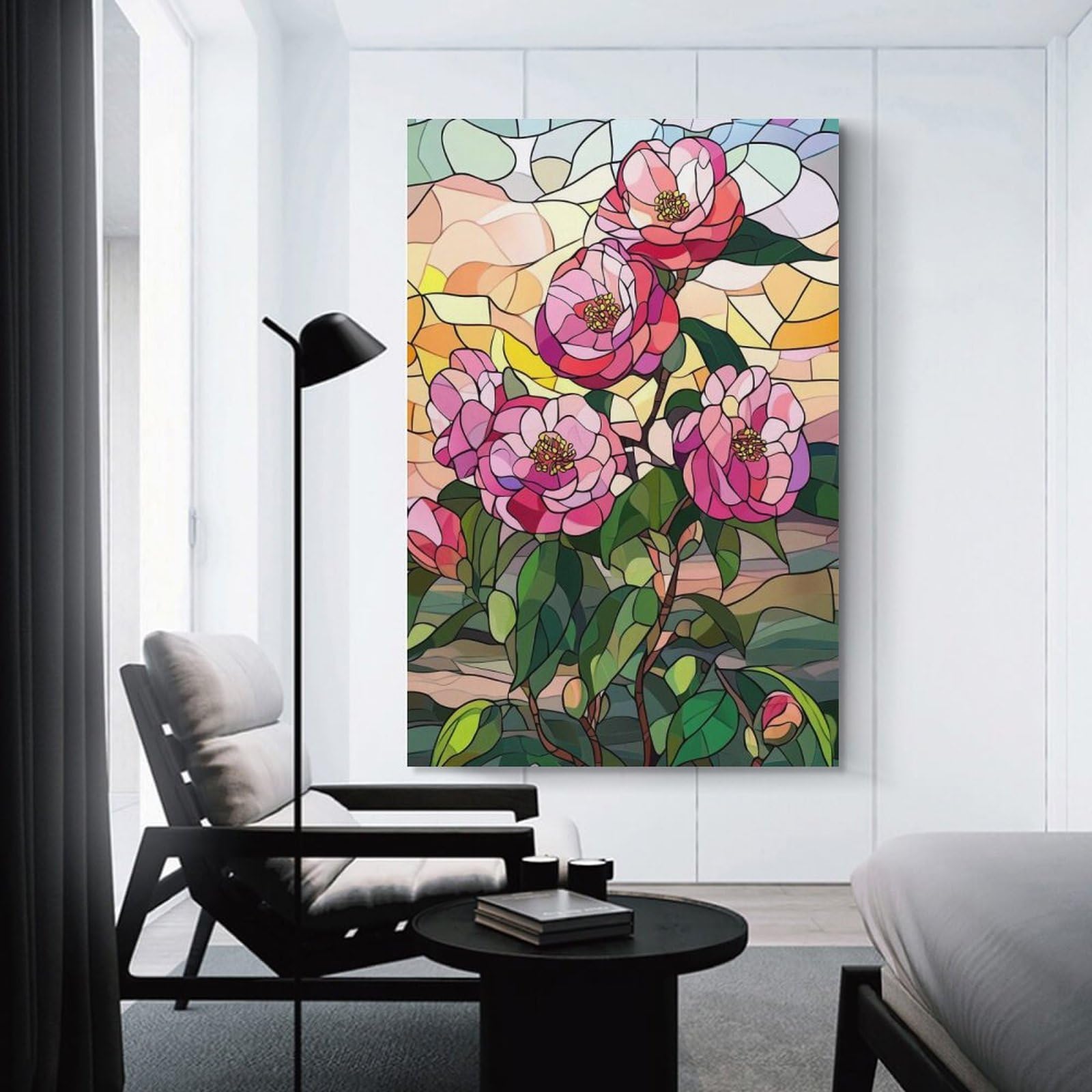 Junmoney Stained Glass Camellia Flowers Canvas Wall Picture 20x30inch(50x75cm), for Contemporary Homes, Apartments Or Offices, Wall Decor with Flexible Room Appeal