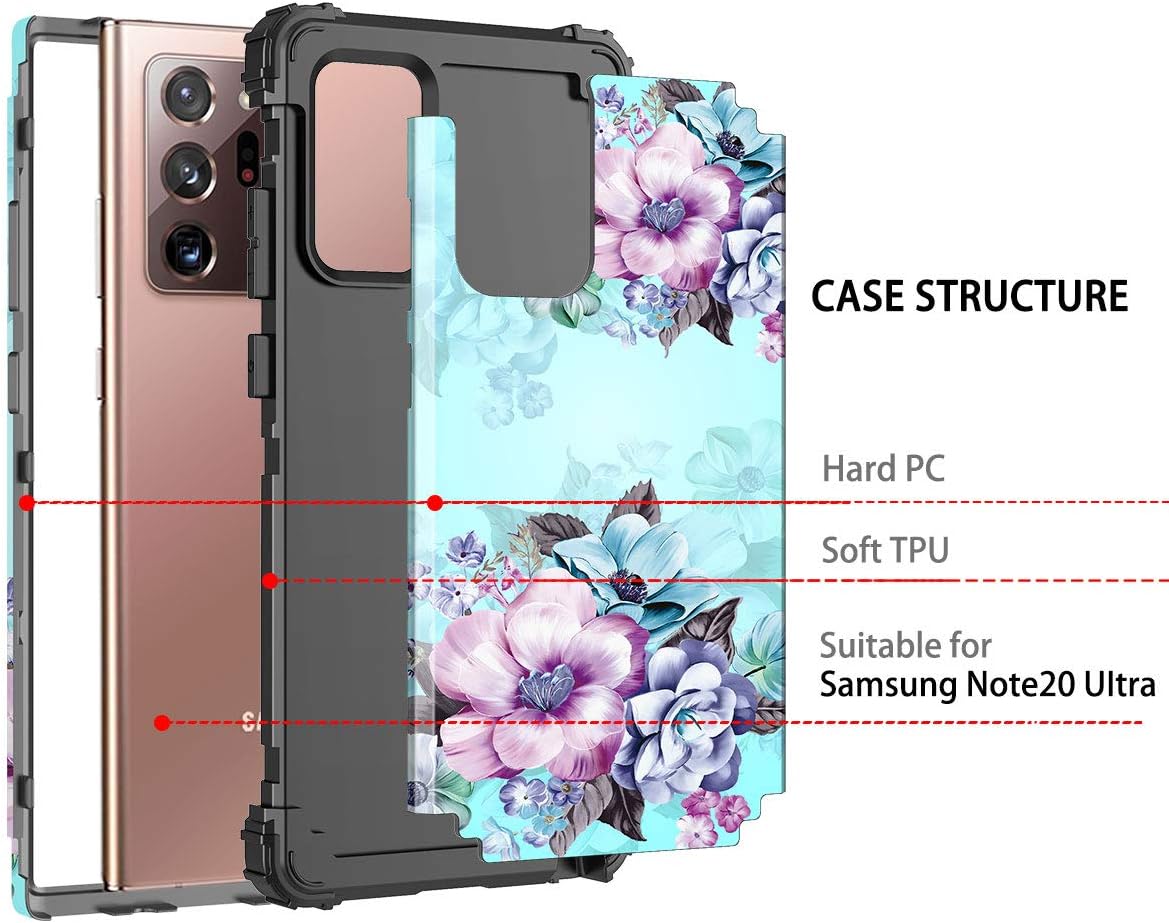 Casetego Compatible with Galaxy Note 20 Ultra Case,Floral Three Layer Heavy Duty Hybrid Sturdy Shockproof Full Body Protective Cover Case for Samsung Galaxy Note 20 Ultra 6.9 inch,Blue Flower