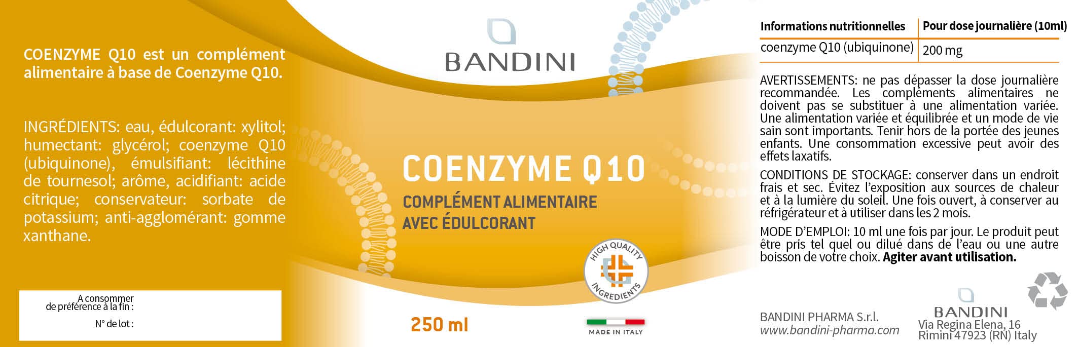 Bandini® Coenzyme Liposomale Q10 200mg Extra Fort | Vegan, Antioxydant puissant - CAVAQ10® 100% Ubiquinone forte & pure - Coq10 fermenté, haute biodisponibilité, testé en laboratoire, qualité premium
