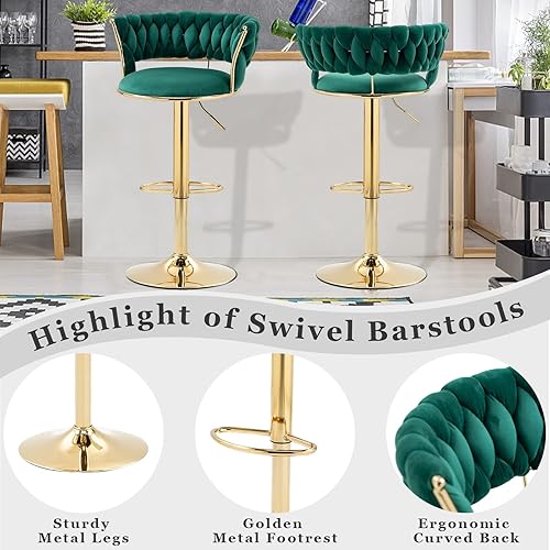 Miniatura 3 de Juego de 2 taburetes de bar giratorios modernos, taburete de bar de terciopelo ajustable en altura con respaldo y reposapiés dorado para comedor,