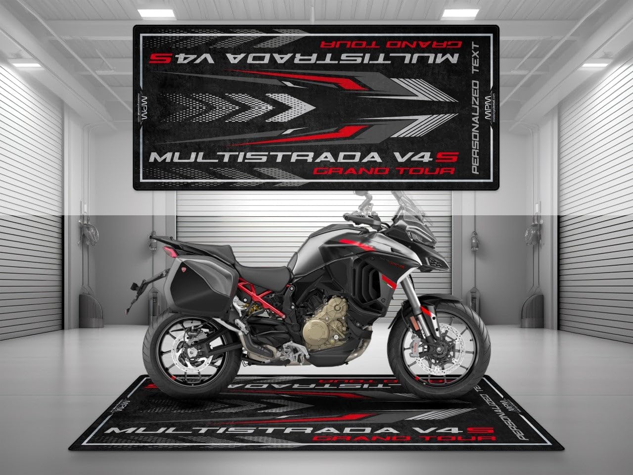 MPM Motorcycle Mat for Multistrada V4 S Grand Tour Washable Non - Slip Oil & Water Resistant Parking Pitmat for Garage, Showroom, Workshop Use | Size 1: 86.6 x 39.4/220 x 100 cm