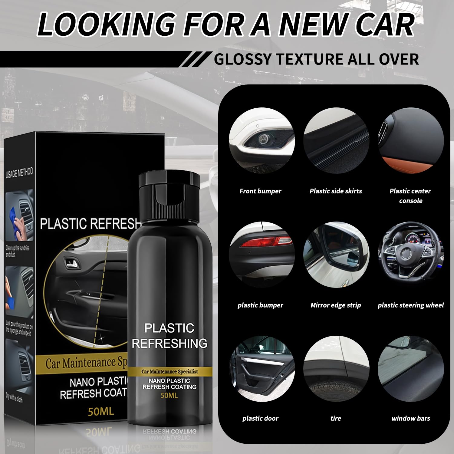Kunststoffteile met kristalcoating voor auto, Auto Plastic Restorer, Auto- kunststof-restaurator, Auto-kunststofdelen-reinigingsmiddel, Kunststofvernieuwer voor auto-interieur