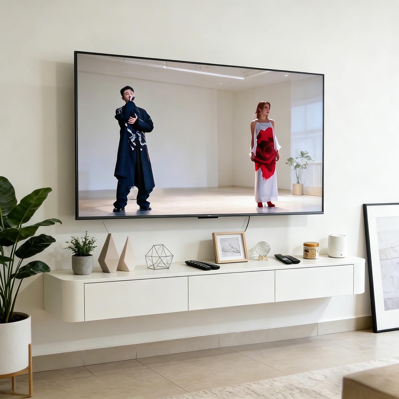 Szafka TV 240 cm, biała, z 2 szufladami i 2 klapkami, szafka pod telewizor, montowana na ścianie, konsola medialna z kanałami kablowymi, w pełni zmontowana