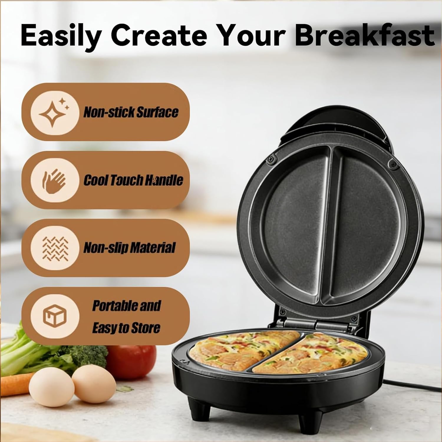 Dual-Zone Electric Omelette Maker,Omelette Pan Nonstick with Indicator Lights,1000W Rapid Double-Sided Egg Cooker with Non-Stick Plates,No Flipping for Home Dorm Travel