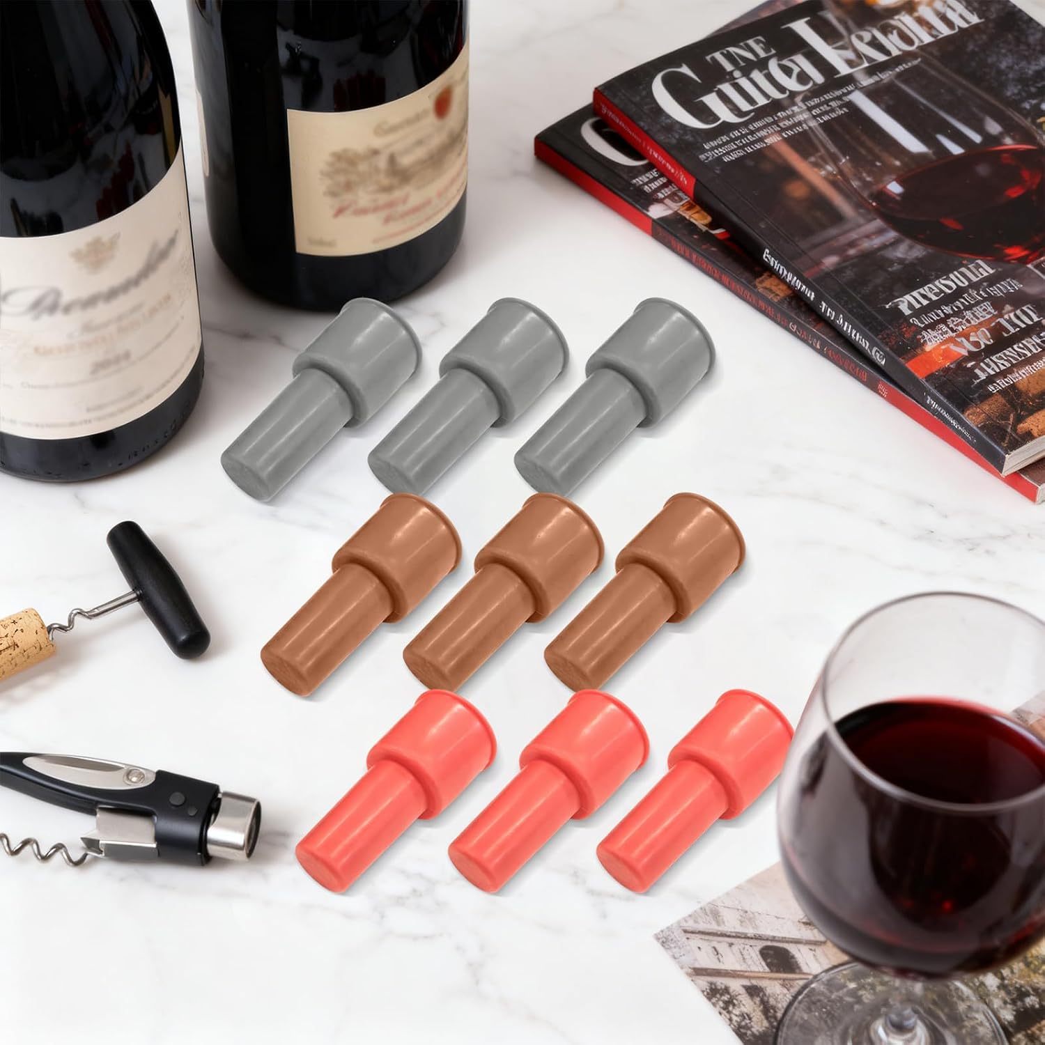 9-Pack Reusable Silicone Wine Bottle Stoppers – Leakproof Wine Seal Corks in Red, Brown & Grey