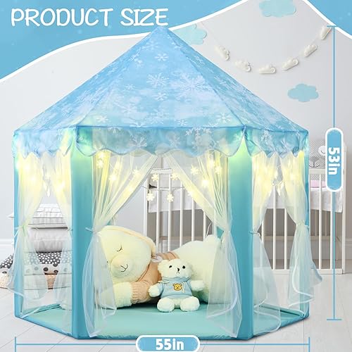 Miniatura 6 de KIXINWA Tienda de campaña de princesa congelada para niñas, tienda de campaña con luces LED pequeñas de copo de nieve, castillo para niños pequeños,