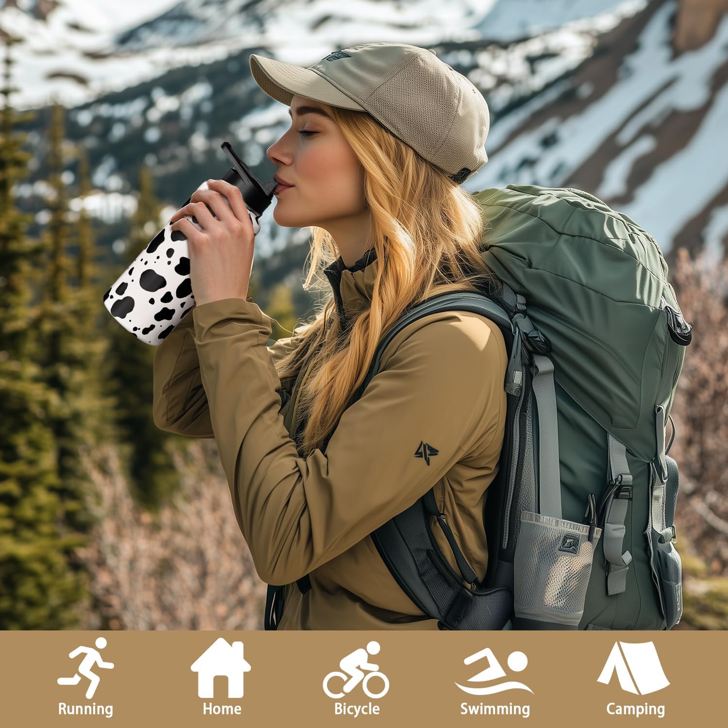 Cow Print Water Bottle with Straw Lid 32oz Vacuum Insulated Sports Water Bottles Cow Gifts for Women Men Cow Print Stuff Accessories Stainless Steel Thermoses Travel Mug