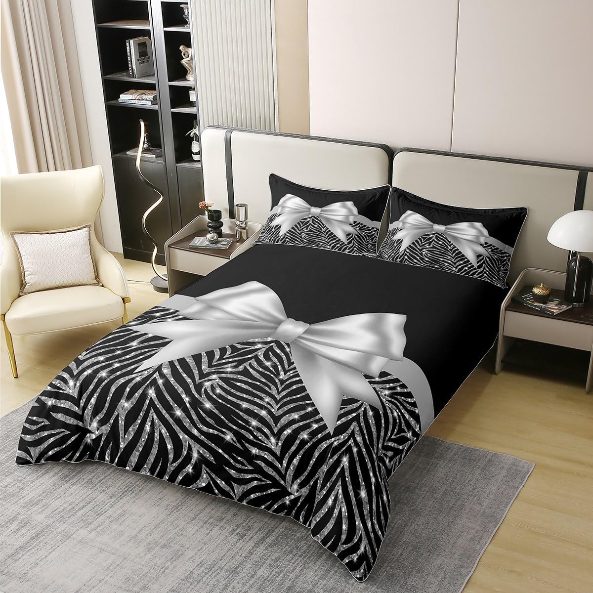 Silver Glitter Print 100% Cotton Duvet Cover King Size with 2 Pillow Case Silver Bowknot Decor Cotton Duvet Cover Set Pastel Print Bedding Set Black Comforter Cover for Boys Girls Kids (No Glitter)