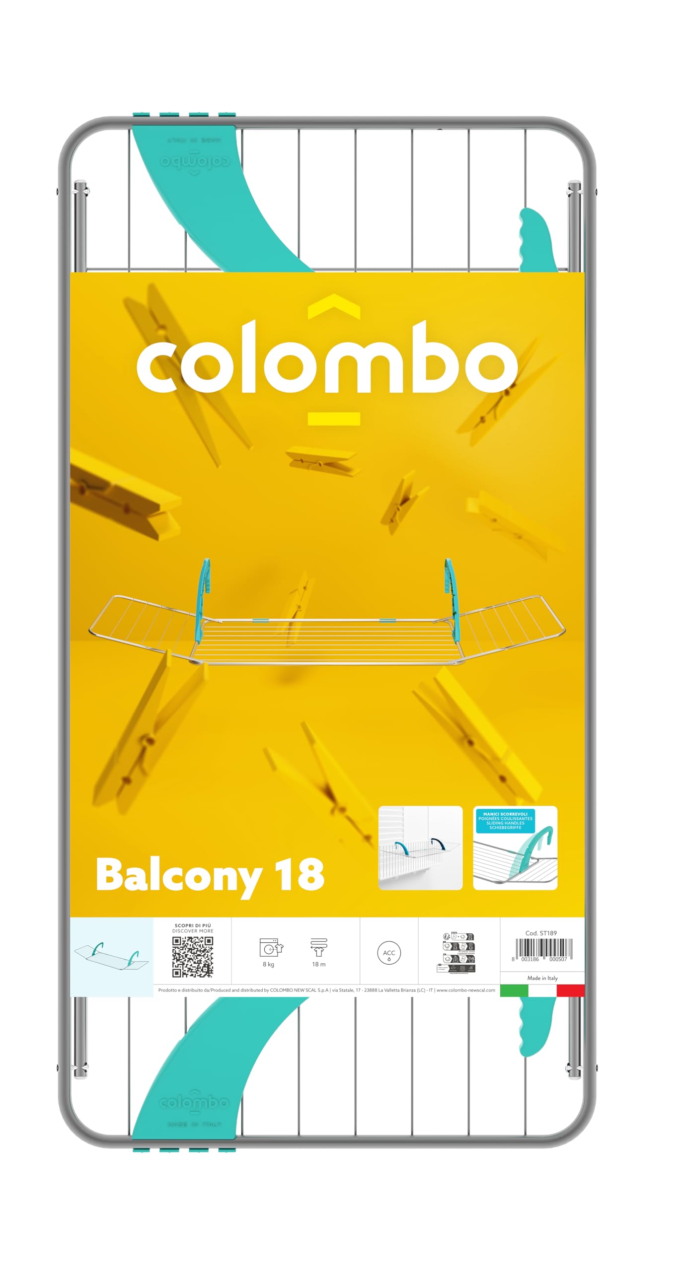 Colombo | Stendino da Balcone Balcony 18 in Acciaio 18 m Stenditura | Stendibiancheria da Balcone con Bracci Modulabili Universali, Antiruggine | Made in Italy