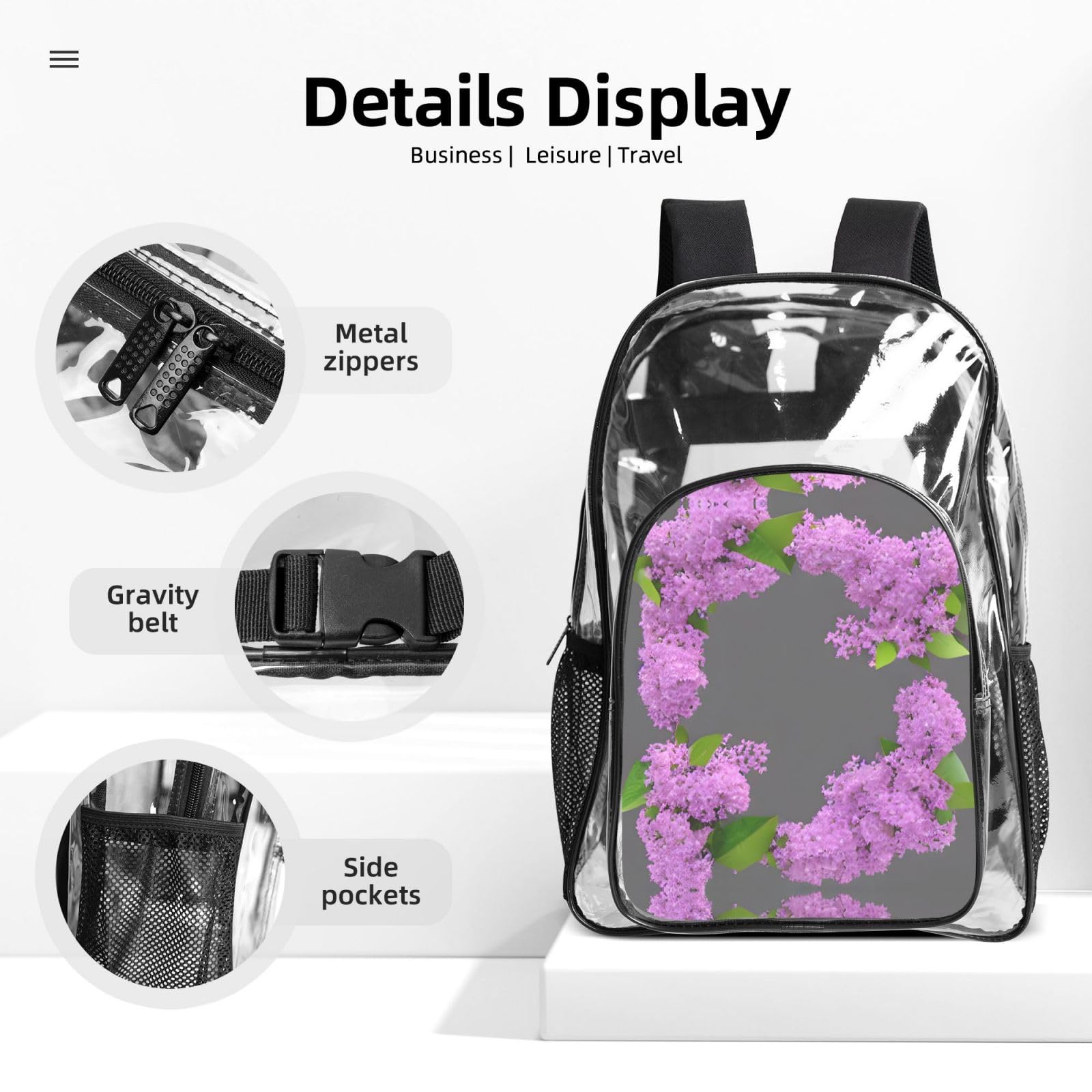 Juego de mochila 3 en 1 con estampado de flores lilas en flor para eventos escolares, trabajo, estadio y transporte diario