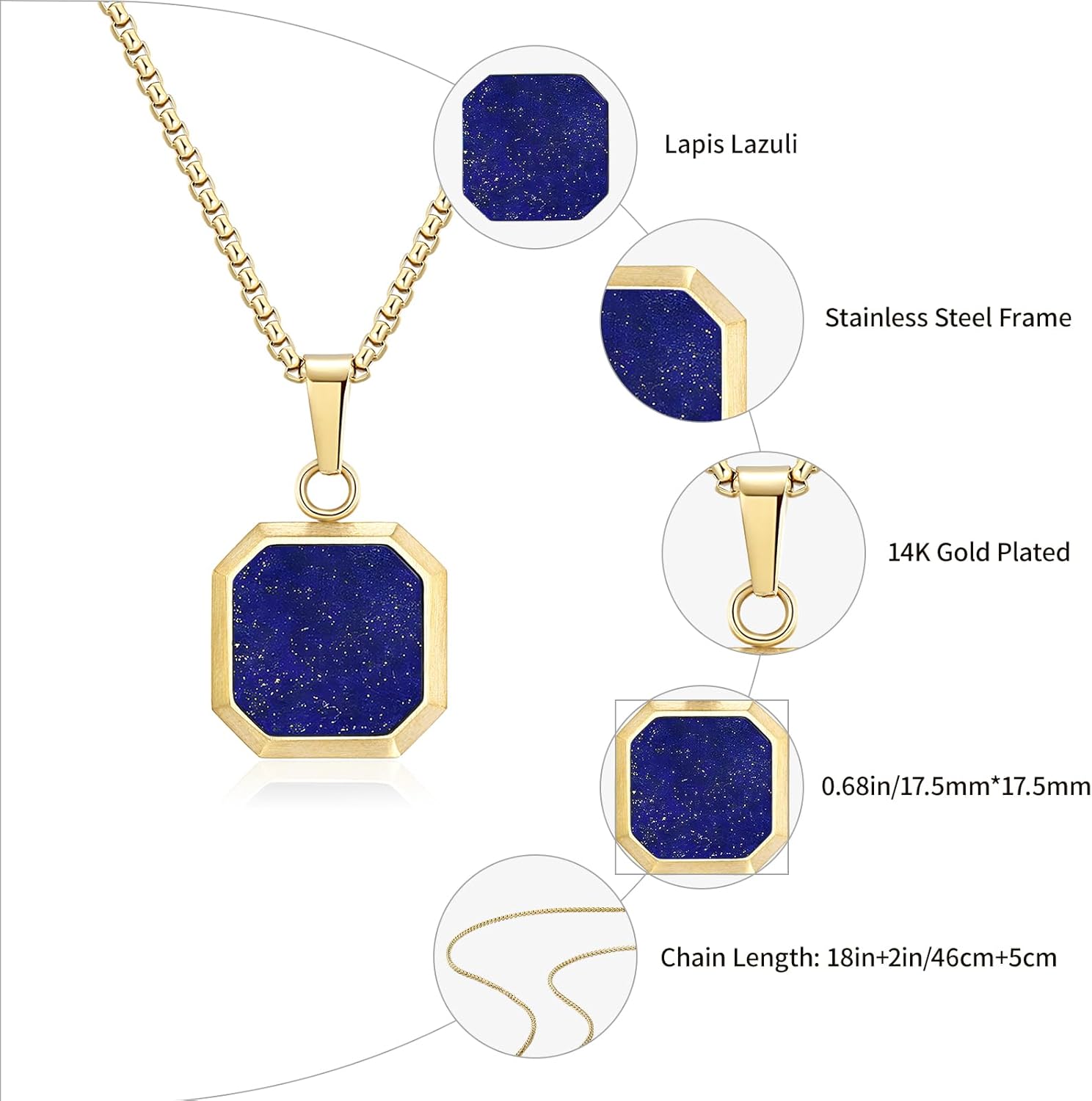 14K Gold Plated Necklace Black Onyx/Opal/Turquoise/Malachite/Lapis Lazuli/Tigers Eye Necklace for Men Women Stainless Steel Square/Rectangle Pendant Necklaces with Box Chain - Image 3