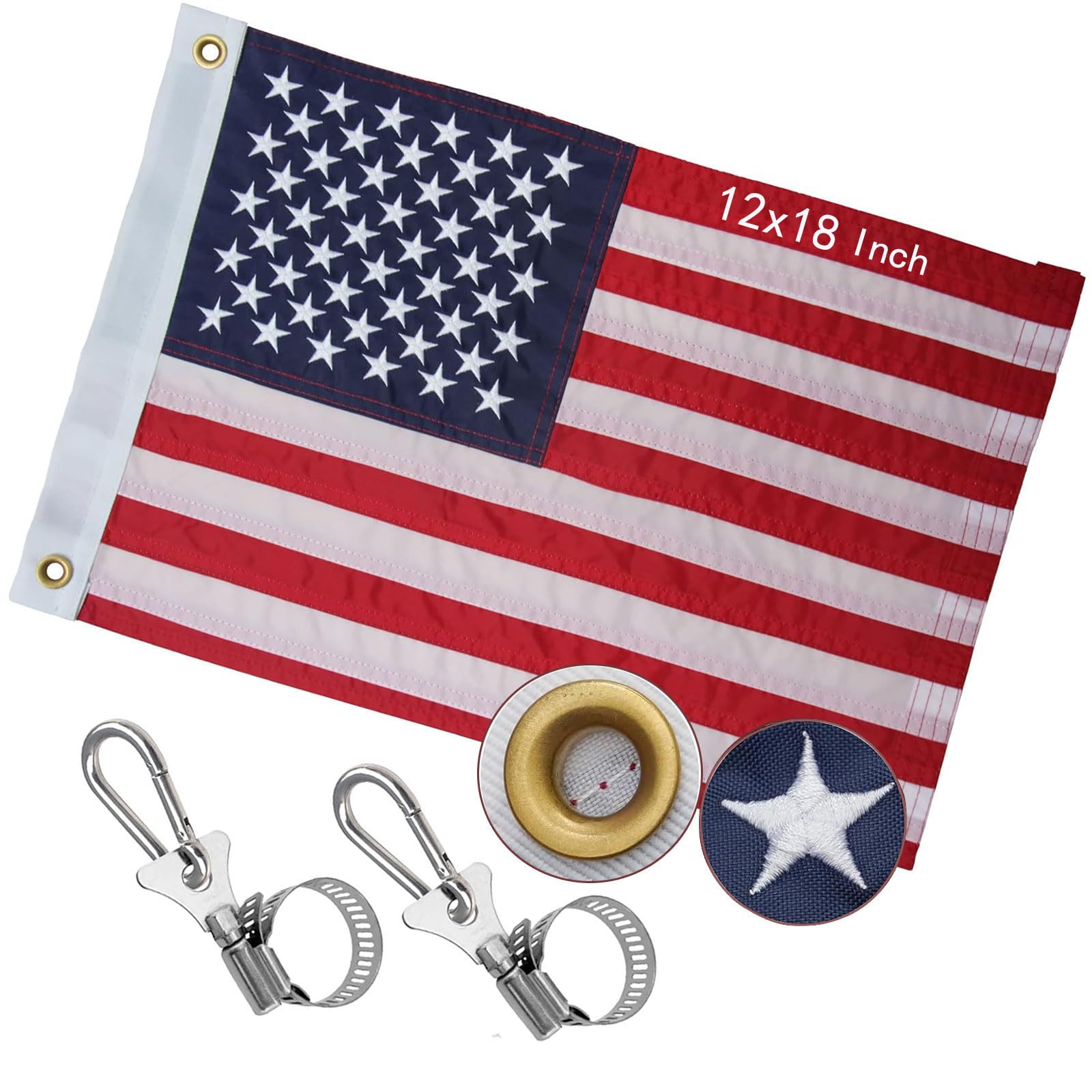 American Boat for Flag 12x18 Inch, Small American Flag Boat Heavy Duty 210D Nylon Embroidered USA Flags For Outdoor ATV, Golf Cart Flag, mailbox and Independence day With 2 Boat Flag Pole Kits