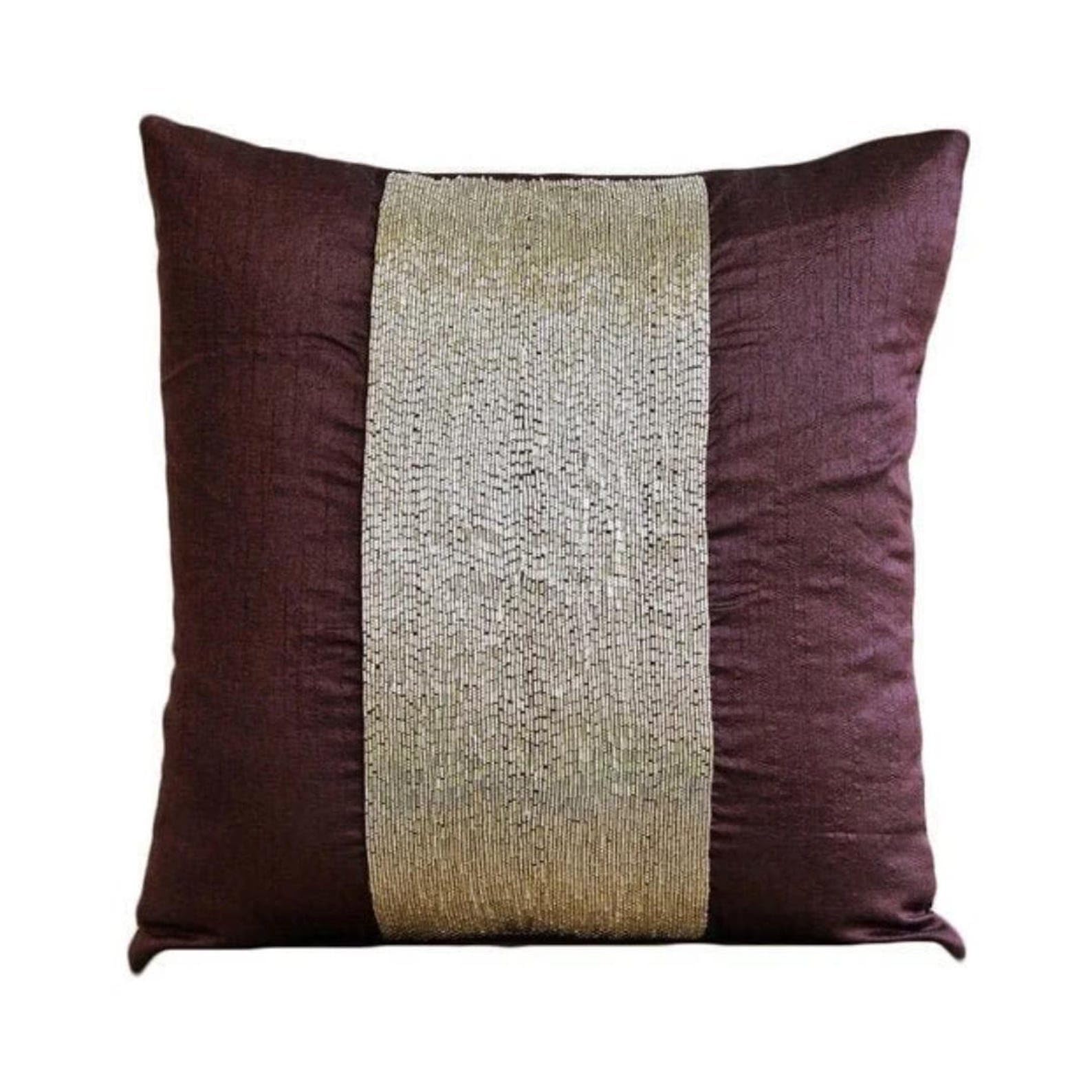 The HomeCentric Purple Cushions Cover, Metallic Beads Centered Sparkly Throw Cushions Cover, 35x35 cm (14x14 inch) Cushion Covers, Square Silk Throw Cushions Cover, Solid - Purple Center — image 1