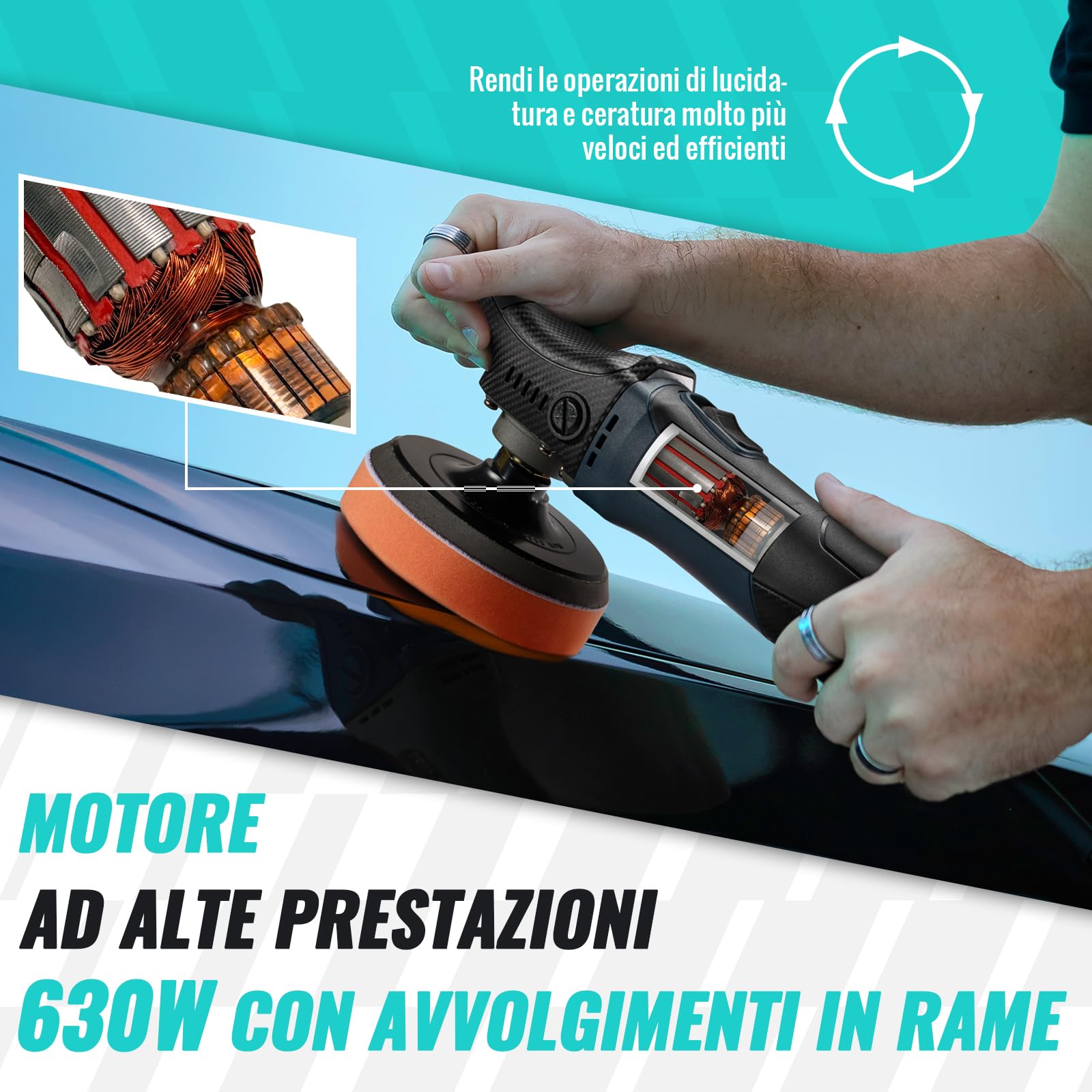 AUTIWOZ - Mini lucidatrice per auto, 630 W, con 6 velocità variabile 2500 – 4500 giri/min, impugnatura laterale, 100 mm/125 mm, spugna lucidante/disco di lana/carta vetrata, per lucidare auto