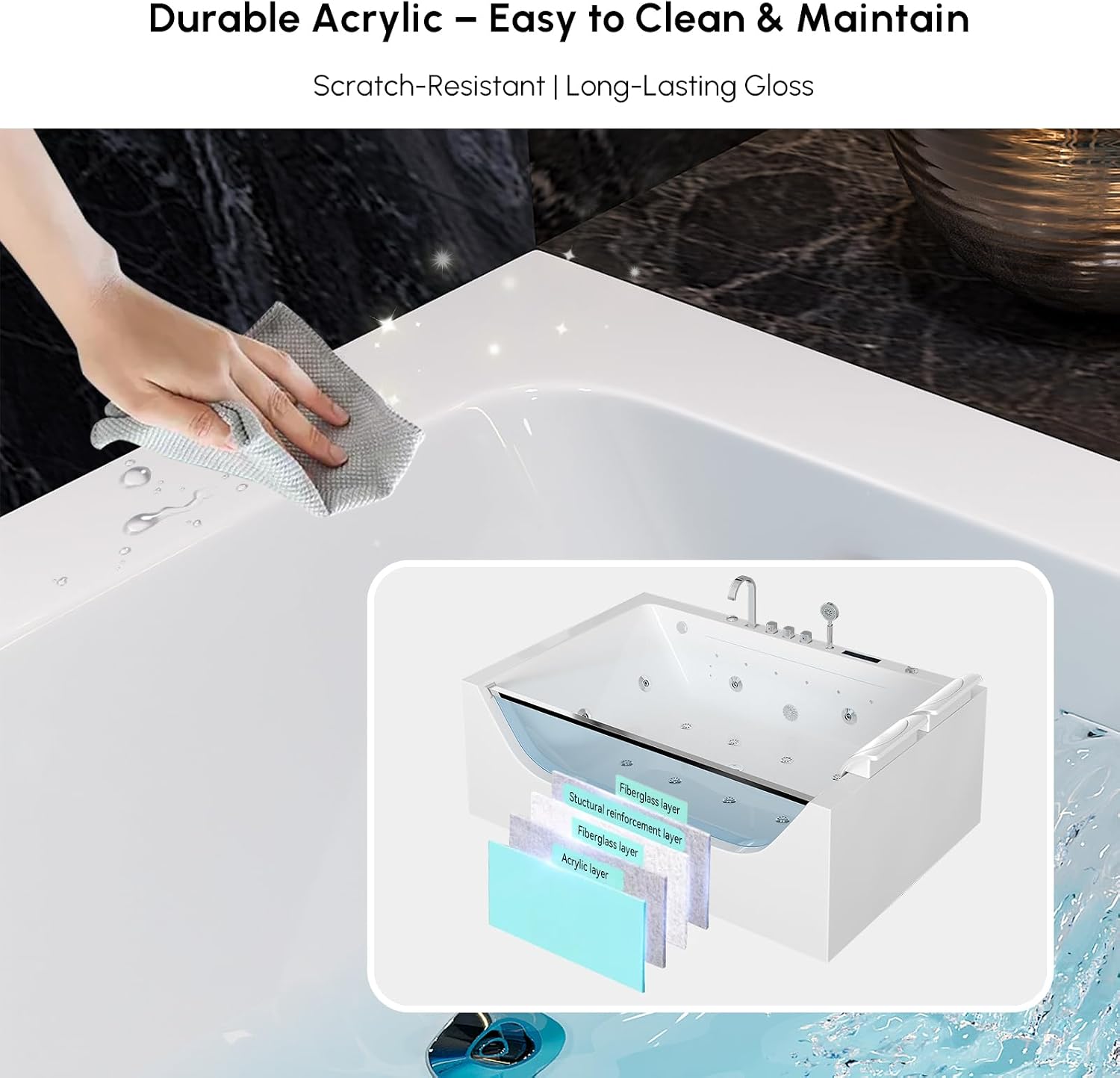 Homary 70.8" Whirlpool Bathtub with Thermostat Control, 2-Person jetted bathtub 3-Sided Apron Acrylic Soaking Tub, Lumbar Support & Chromatherapy LED, Relaxing Spa Experience