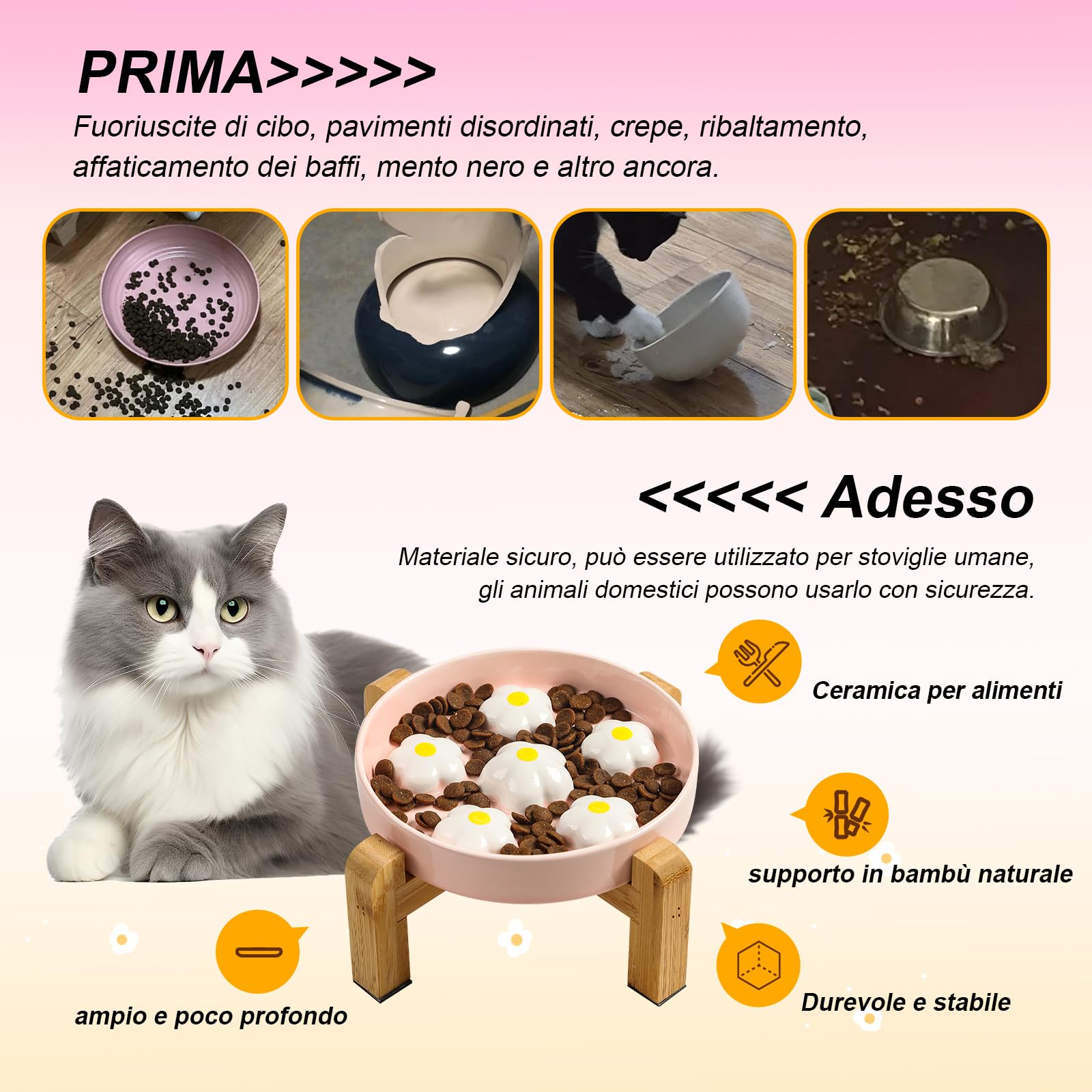 Ciotola Anti-ingozzamento Rialzata per Gatto - Ciotola in ceramica con supporto in bambù antiscivolo - Con motivo a labirinto per alimentazione lenta - Fiori bianchi