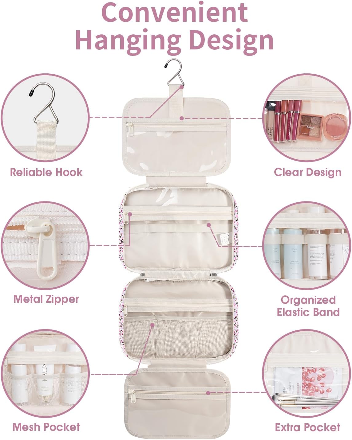 Narwey Hanging Toiletry Bag for Women Travel Makeup Bag Organizer Toiletries Bag for Travel Size Essentials Accessories Cosmetics (Green Leaves and Flower (Medium)) - Image 4