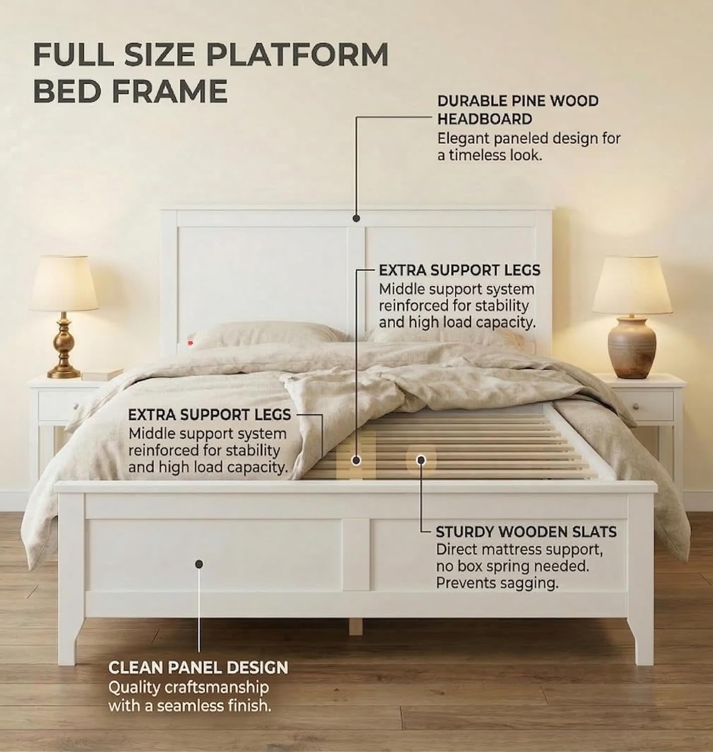LZ LEISURE ZONE Full Size Platform Bed, Modern Solid Wood Full Platform Bed Frame, No Box Spring Needed, White