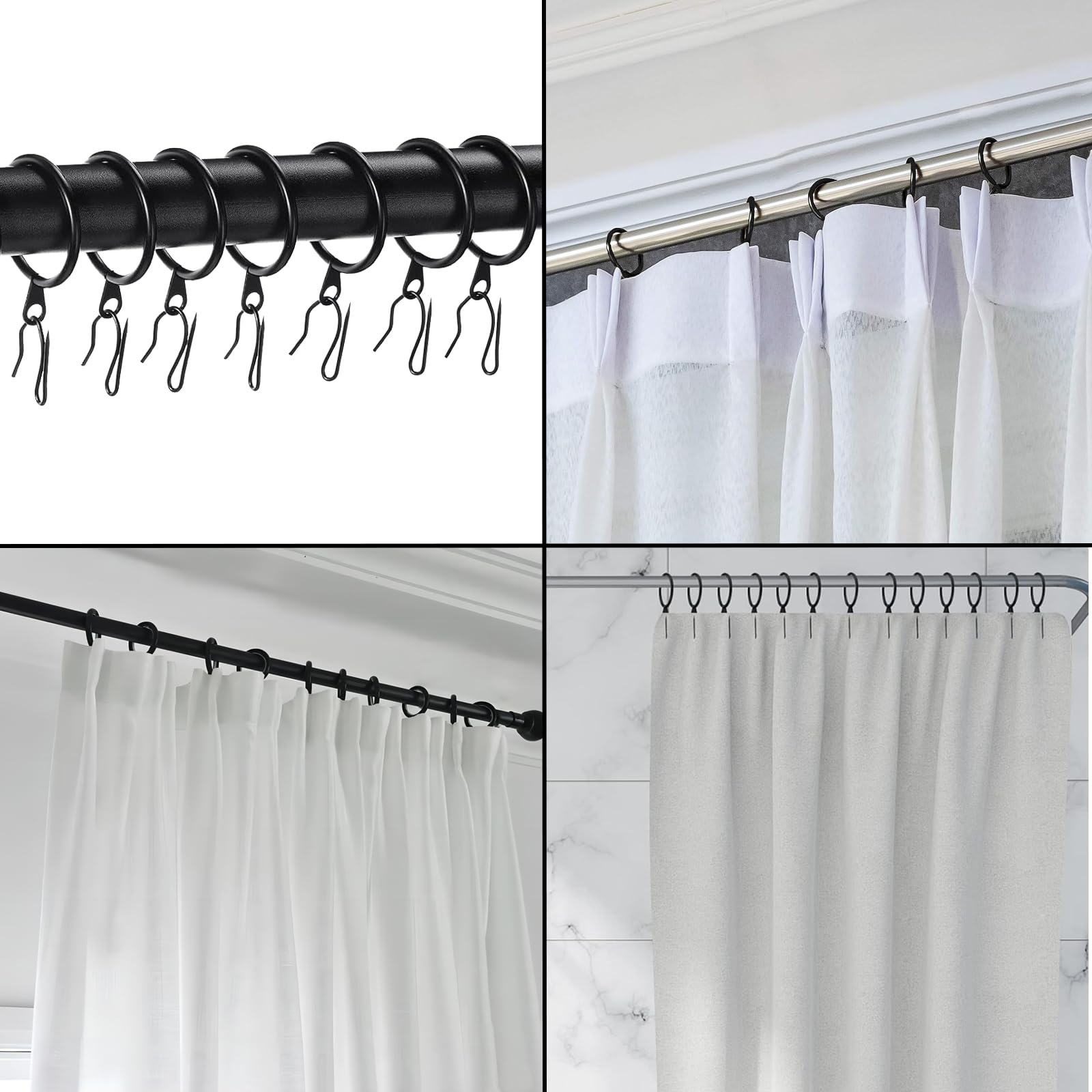 Lot de 100 anneaux de rideaux en métal avec crochets en métal pour fenêtre, porte de douche, 30 mm de diamètre intérieur (noir)