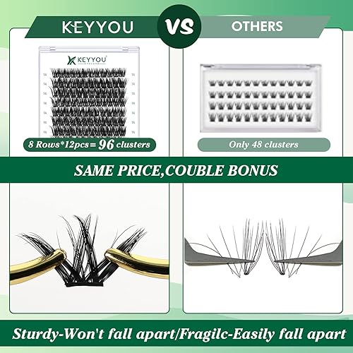 Miniatura 5 de KEYYOU - 96 pestañas en racimo de rizo D de 0.551 pulgadas, extensiones de pestañas individuales individuales suaves y cómodas, fáciles de colocar