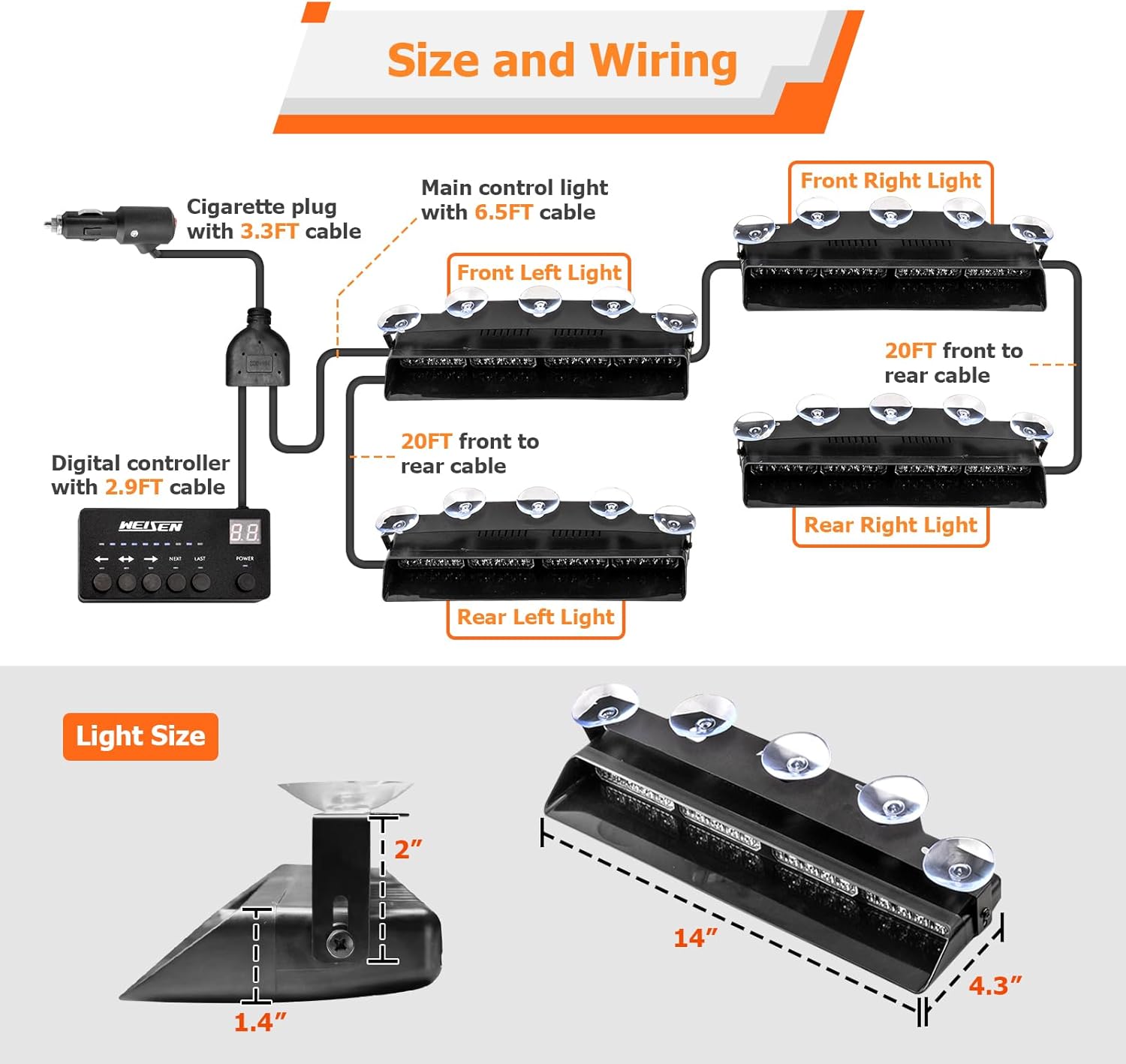 WeiSen 4 Pack 2x14 Inch Traffic Advisor Light Bar with Controller & Wiring Harness and Suction Cups, 64 LED Interior Windshield Light Bar Compatible with Car Sedan (Amber & White)