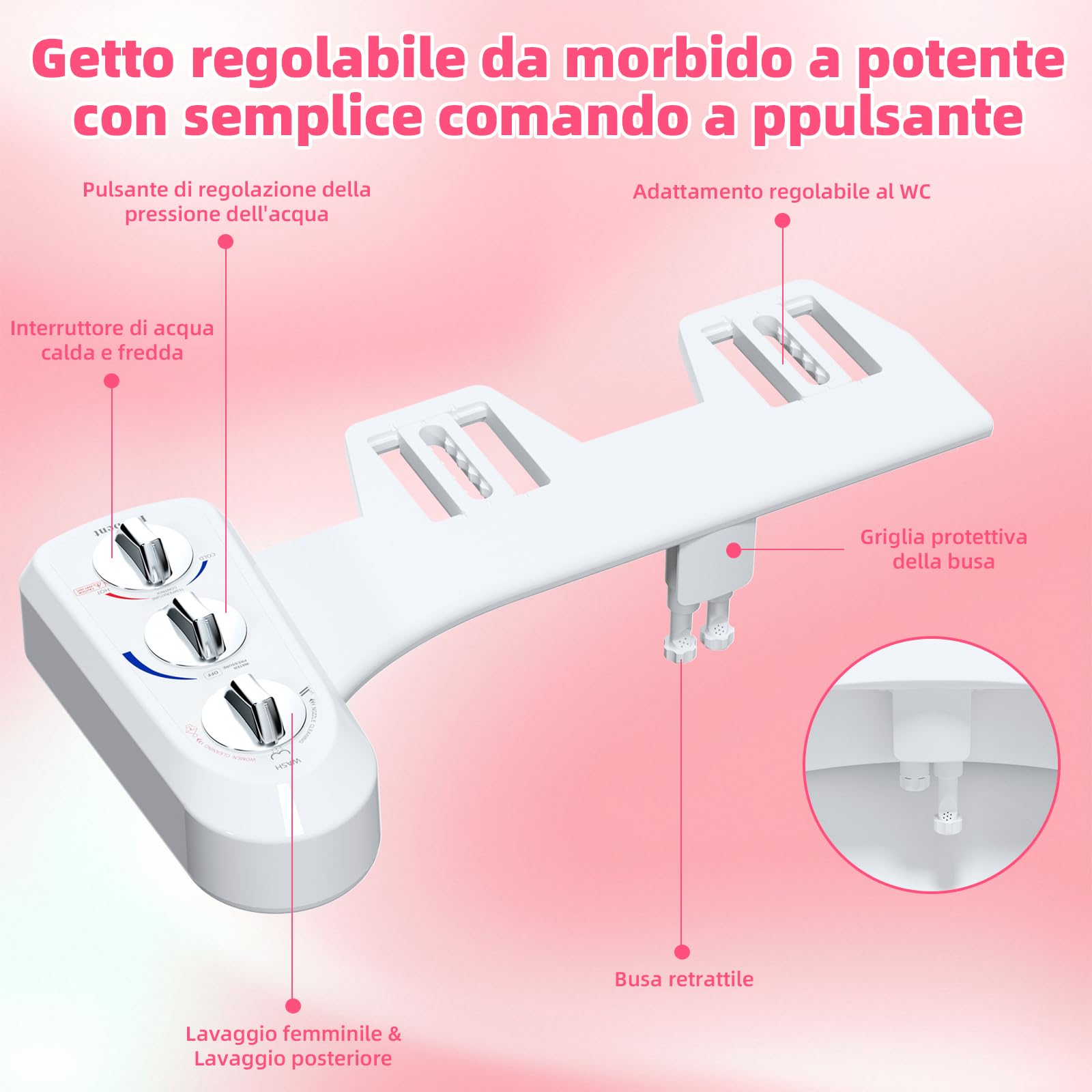 Bidet WC, Hibbent Bidet Doccia Toilette autopulente pulizia ugello, caldo e freddo Fresh spruzzino non-electric Intelligent meccanico sedile con pressione dell' acqua regolabile(T-Adattatore 3/8'')