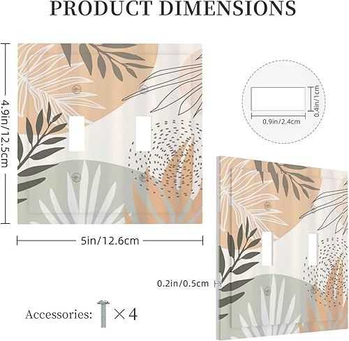 Miniatura 5 de Placa de interruptor de luz de 2 cuadrillas con hoja verde bohemia de mediados de siglo, diseño bohemio tropical de doble palanca, placa frontal