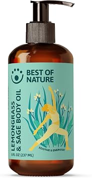 Best of Nature Lemongrass & Sage Aromatherapy Massage Oil Non-Greasy Body Oil for Skin, Face & Massage Uplifting Essential Oil Blend 8 fl oz