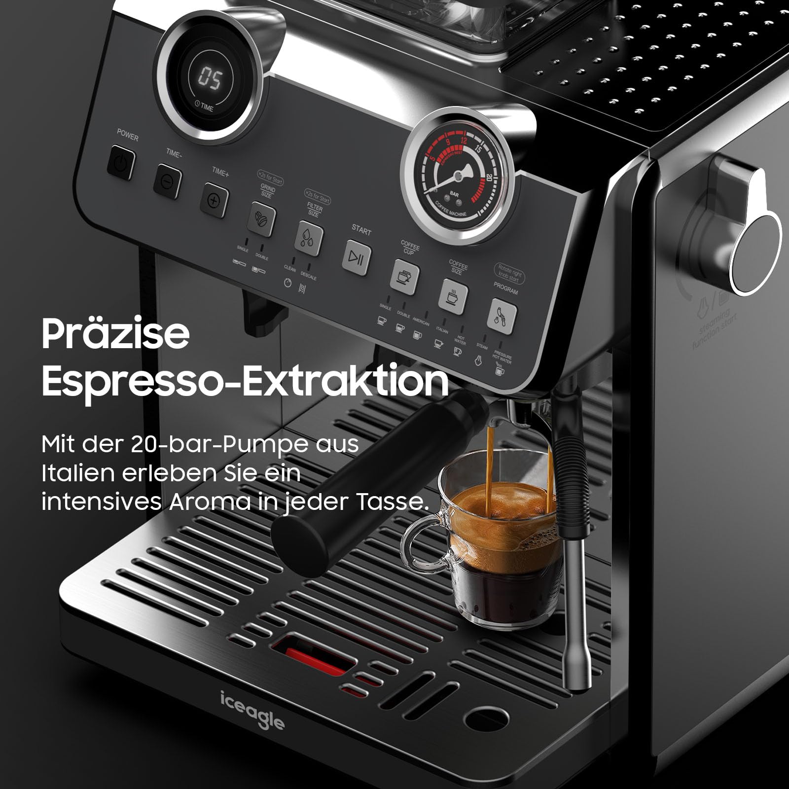 iceagle Macchina per caffè espresso EM653, 2200 W, con ugello professionale per schiumalatte, macchina da caffè con 2 sistemi di riscaldamento, pompa a pressione da 20 bar, 2,7 litri