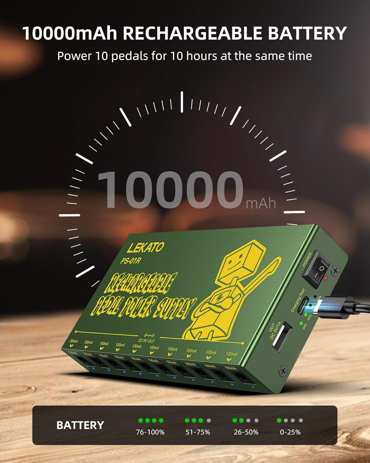 LEKATO Built-in 10000mAh Rechargeable Battery Guitar Pedal Power Supply, 10 Isolated DC Outputs, 9V 300mA, 100mA Effect Pedal Boards Power Supply, 5V/1A USB Port, Short Circuit Protection, PS-01R